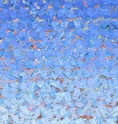 2025D: heavily textured pointillist ombre painting in blues w/ multicolor ground