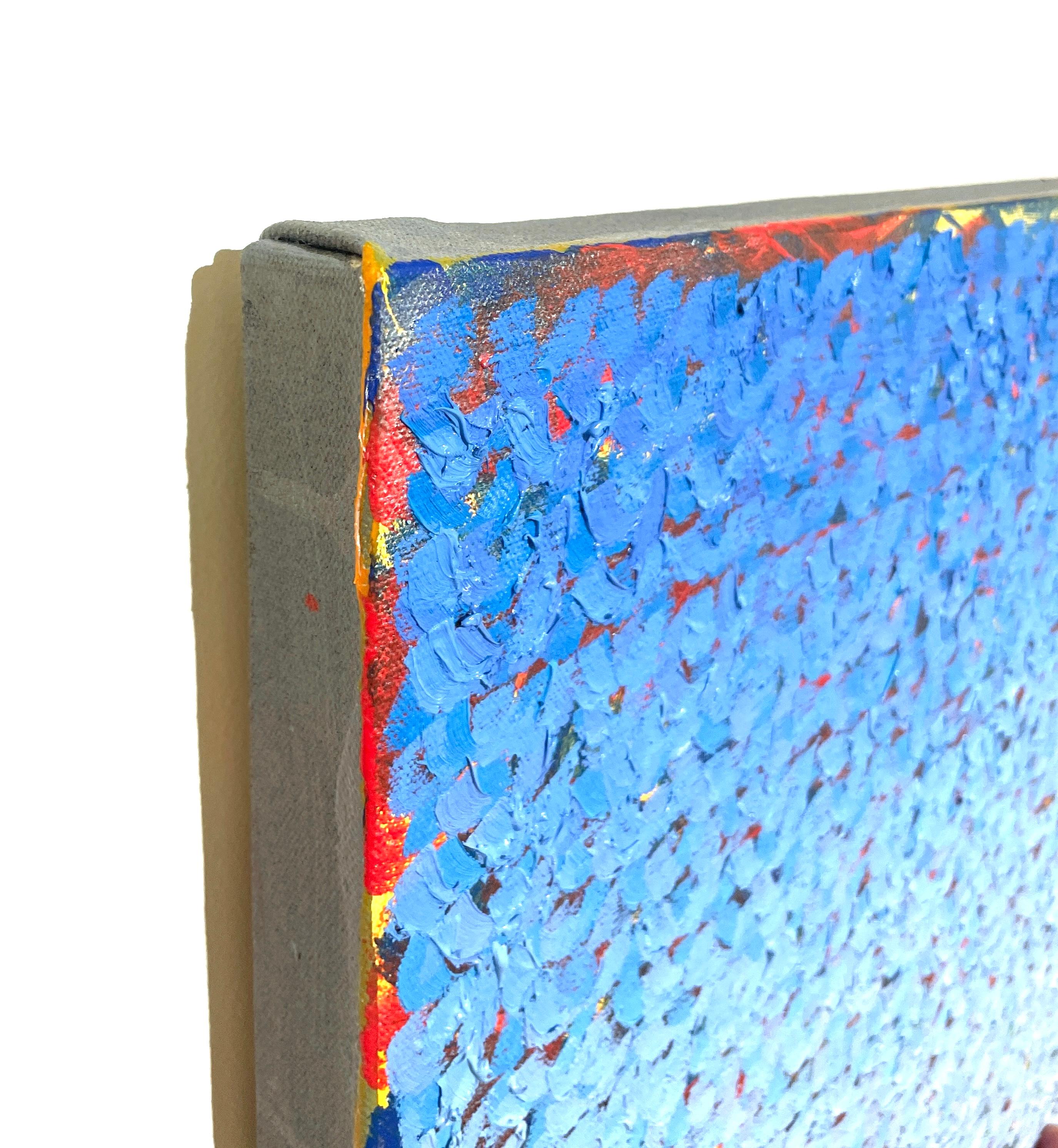 Si tratta di un dipinto a olio con gradazioni di blu, sfondo multicolore e sfumature dorate, realizzato dall'artista professionista Keith Breitfeller. Gli studi di colore pacifici e meditativi di Breitfeller iniziano con una pittura di fondo
