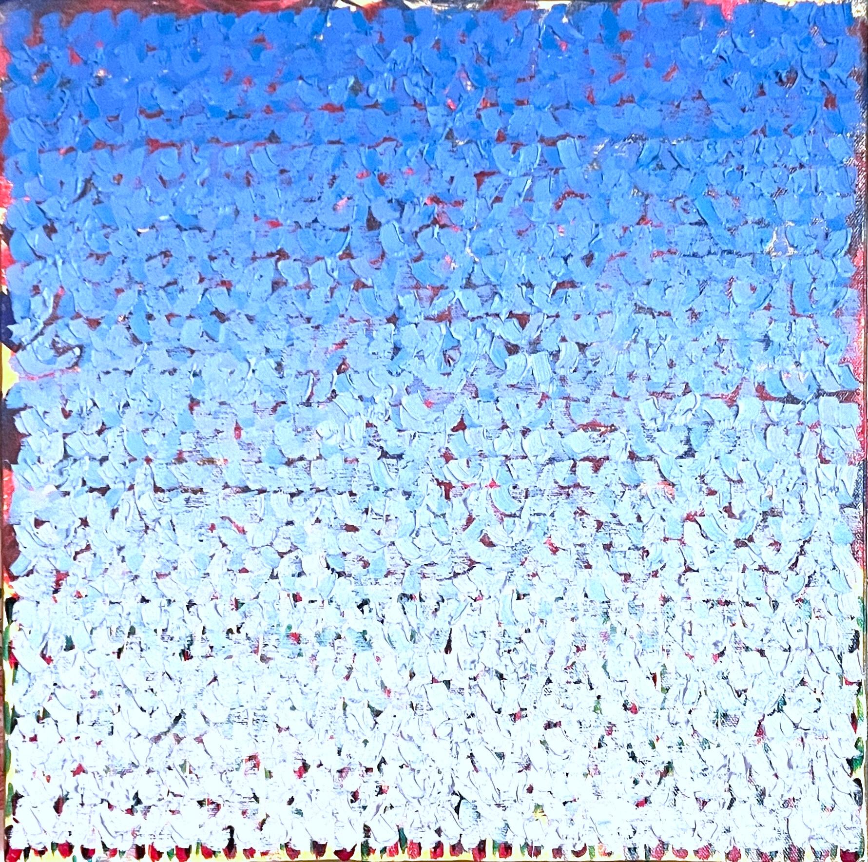 2025D: heavily textured pointillist ombre painting in blues w/ multicolor ground