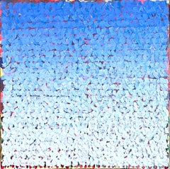 2025D: heavily textured pointillist ombre painting in blues w/ multicolor ground