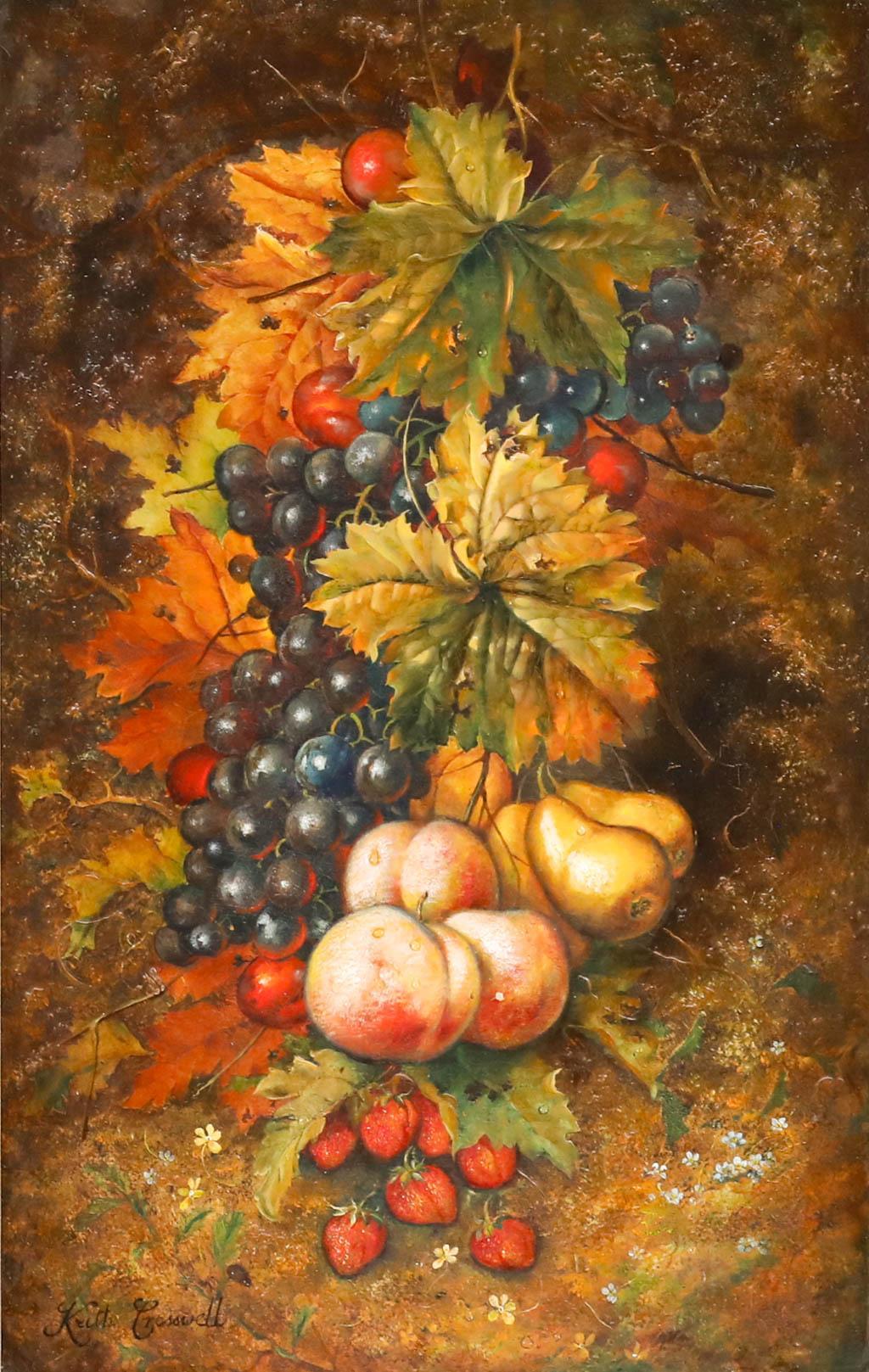 Keith Cresswell (1940-1989) - Gerahmtes Öl, Stillleben mit Früchten und Folie im Angebot 1