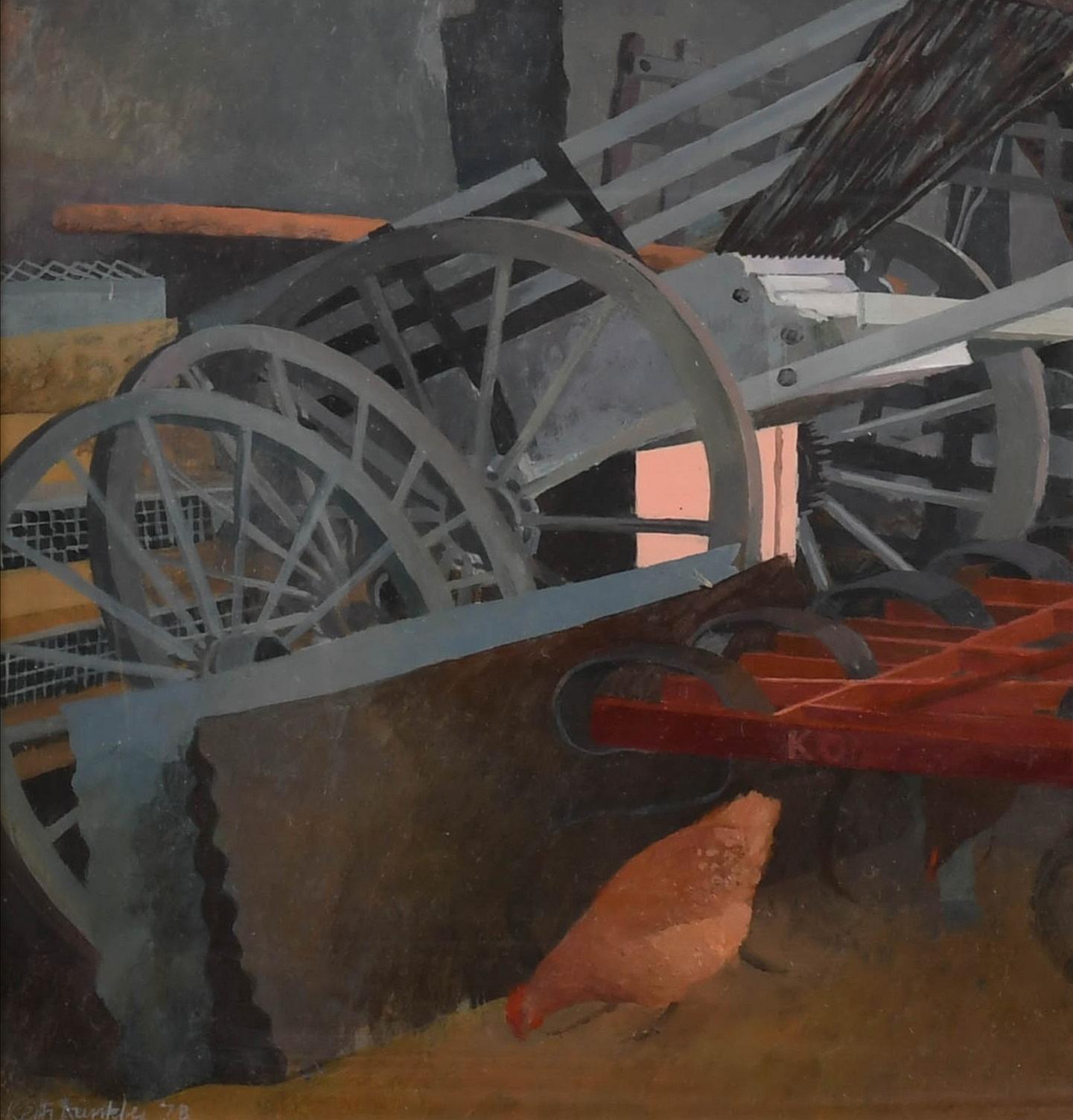 L'étable à outils - peinture moderne britannique du 20e siècle sur les poulets de basse-cour - Moderne Painting par Keith Dunkley