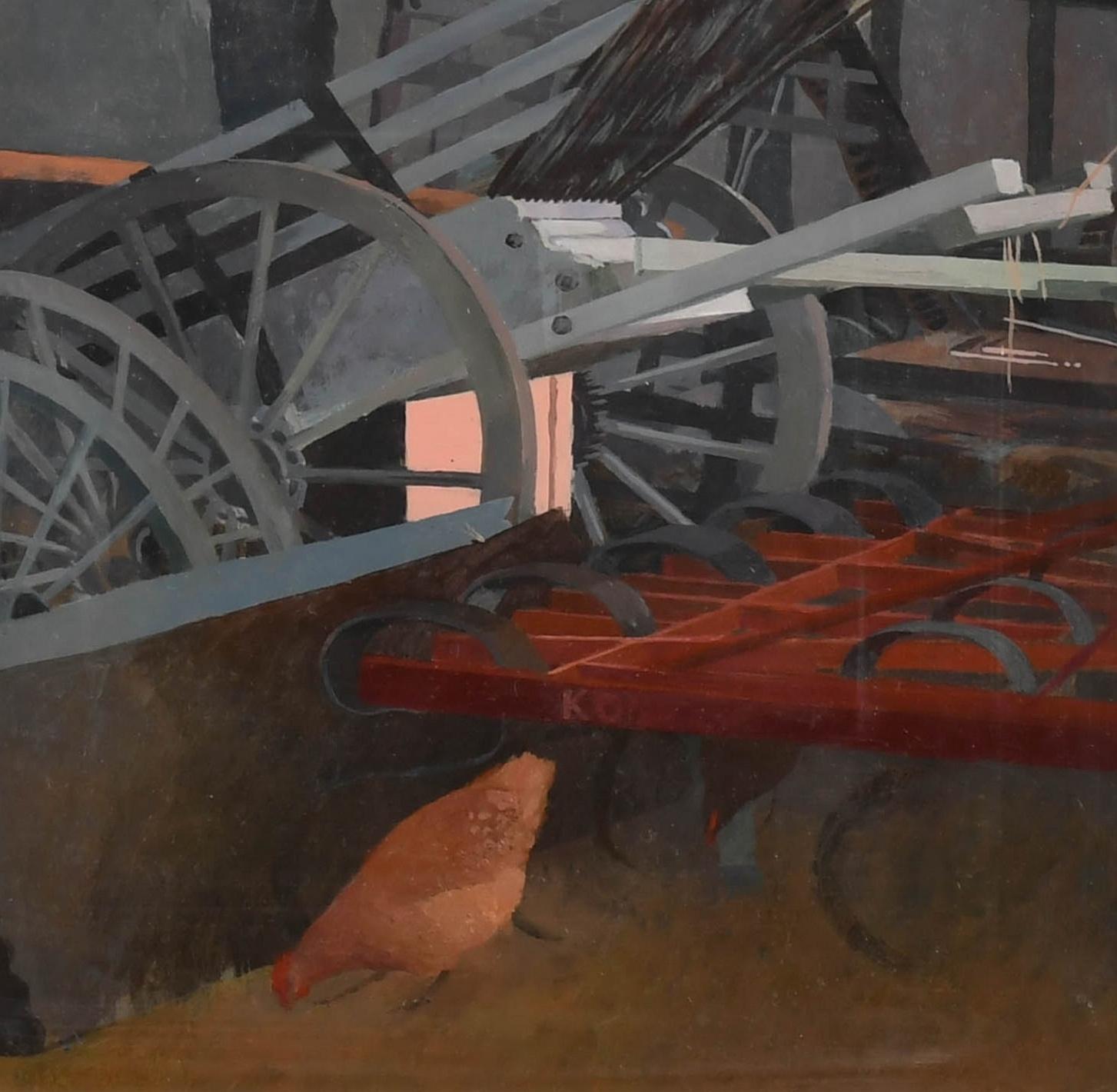 L'étable à outils - peinture moderne britannique du 20e siècle sur les poulets de basse-cour - Beige Interior Painting par Keith Dunkley