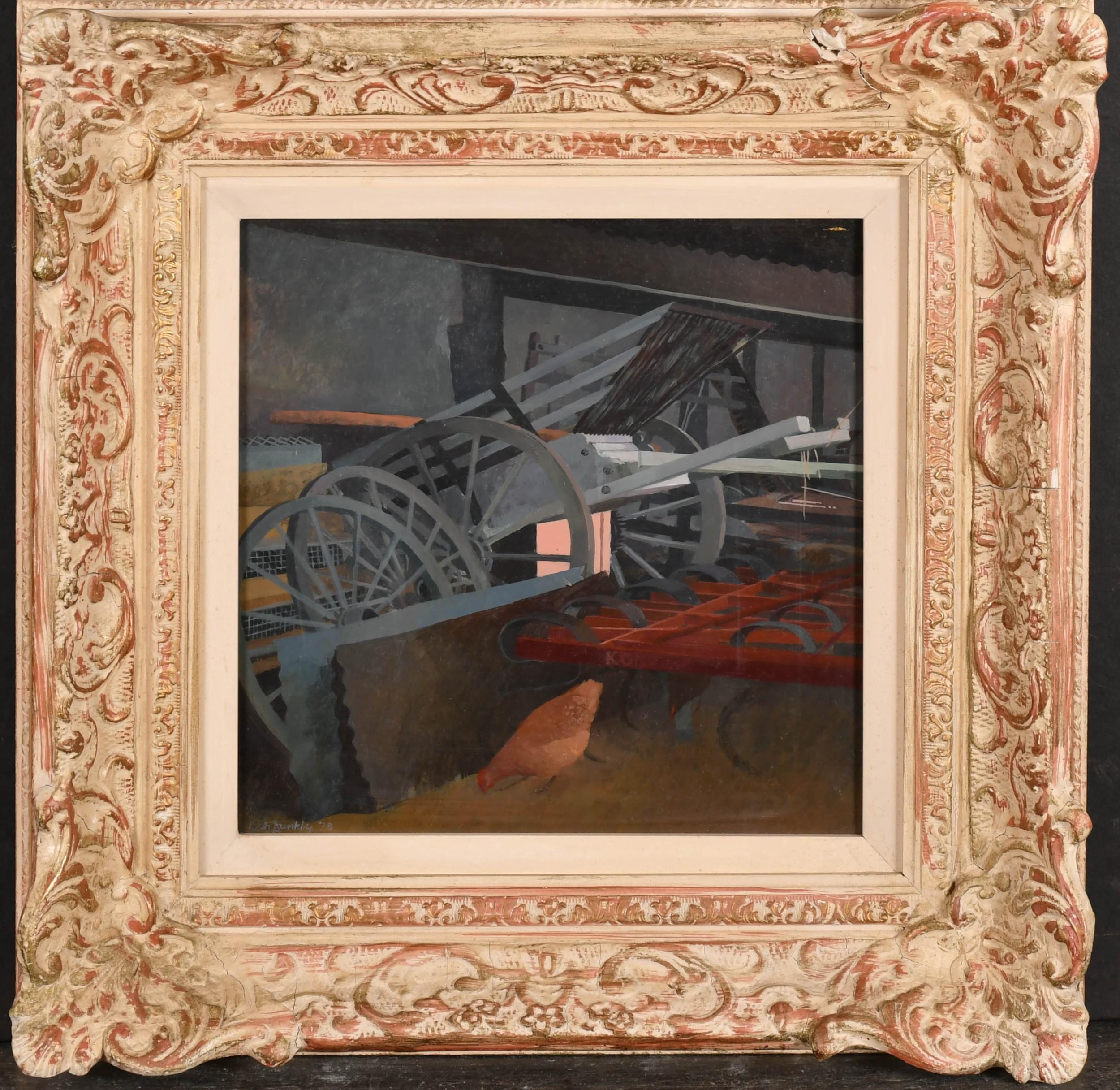 Interior Painting Keith Dunkley - L
étable à outils - peinture moderne britannique du 20e siècle sur les poulets de basse-cour