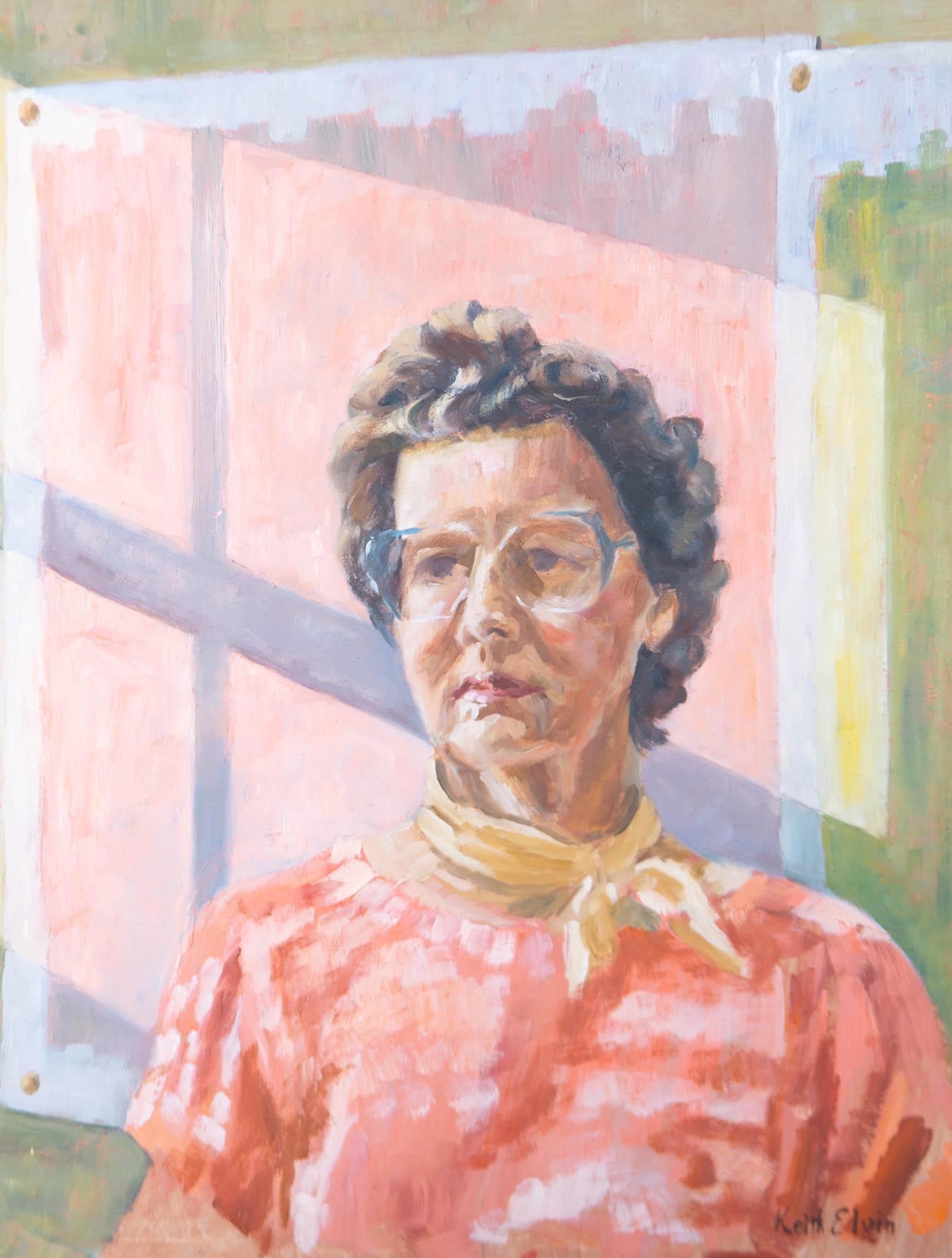 A commanding portrait of a woman in a yellow neckerchief stood in front of a window. Presented in a wooden frame. Signed to the lower-right edge. On board.
