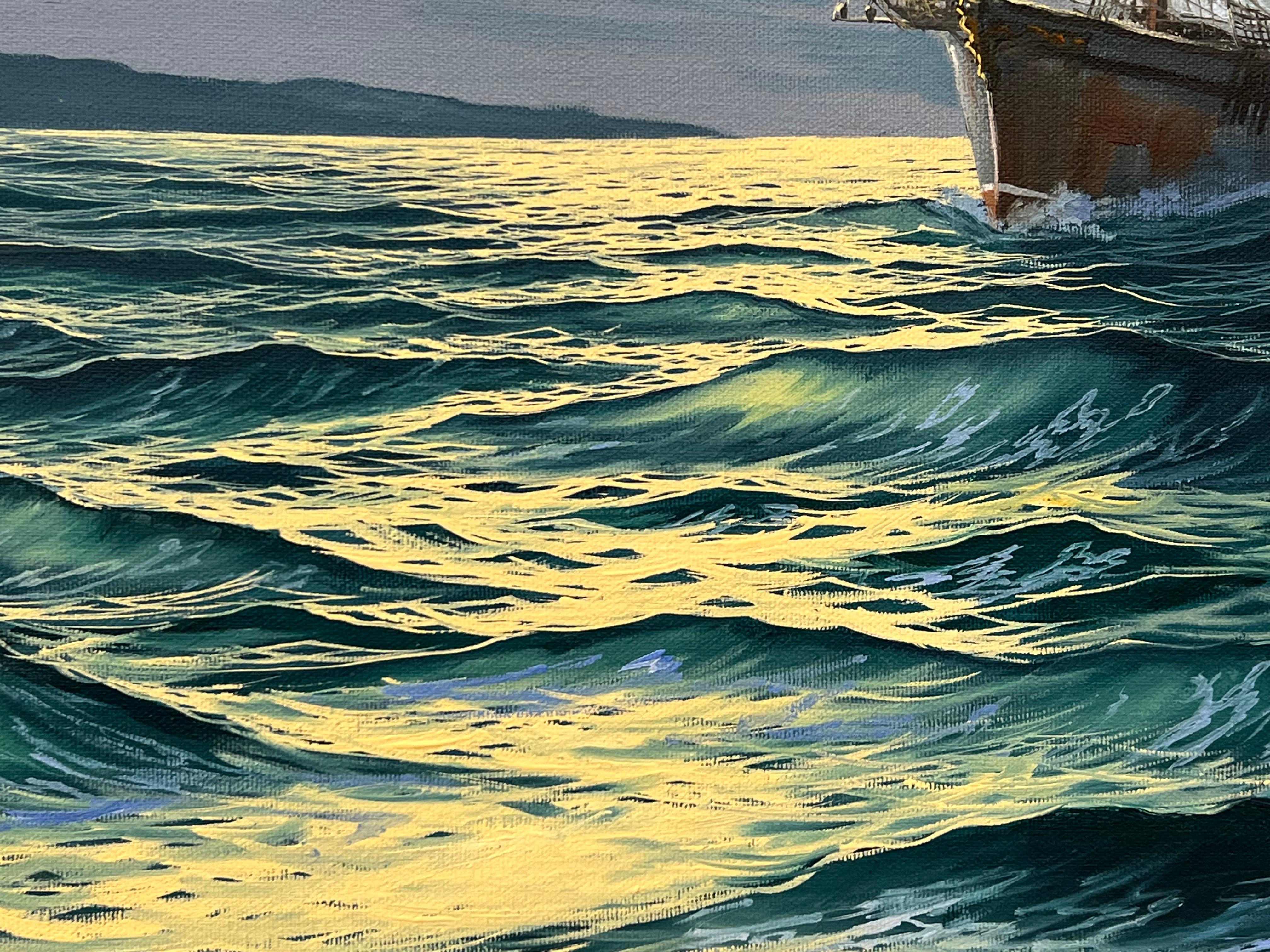 Maritime Seascape Oil Painting entitled Galleons at Sea by British Artist Keith English (1935-2016) 

Art measures 36 x 24 inches 
Unframed (framing by arrangement) 

Oil on Canvas. Signed lower right. Keith English (1935-2016) was a Spiritual,