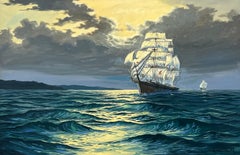 Peinture à l'huile maritime intitulée Galleons at Sea de l'artiste britannique