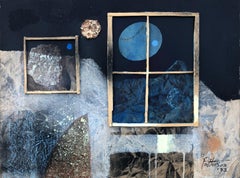 Window to the Cosmos Mixed media and collage on cardboard painting abstract