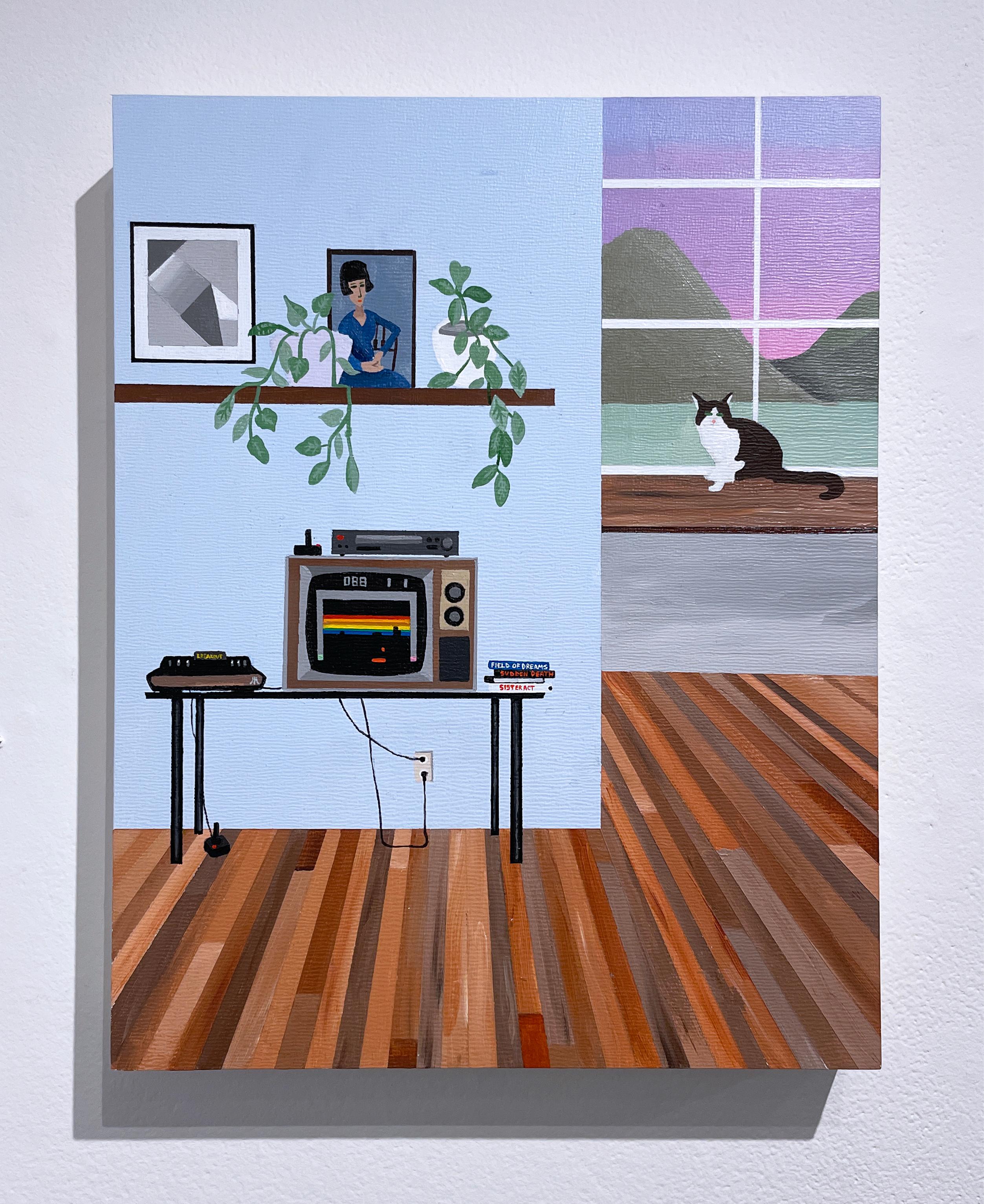 Field of Dreams von Keith Garcia, Interieurgemälde auf Tafel mit Katze im Angebot 1