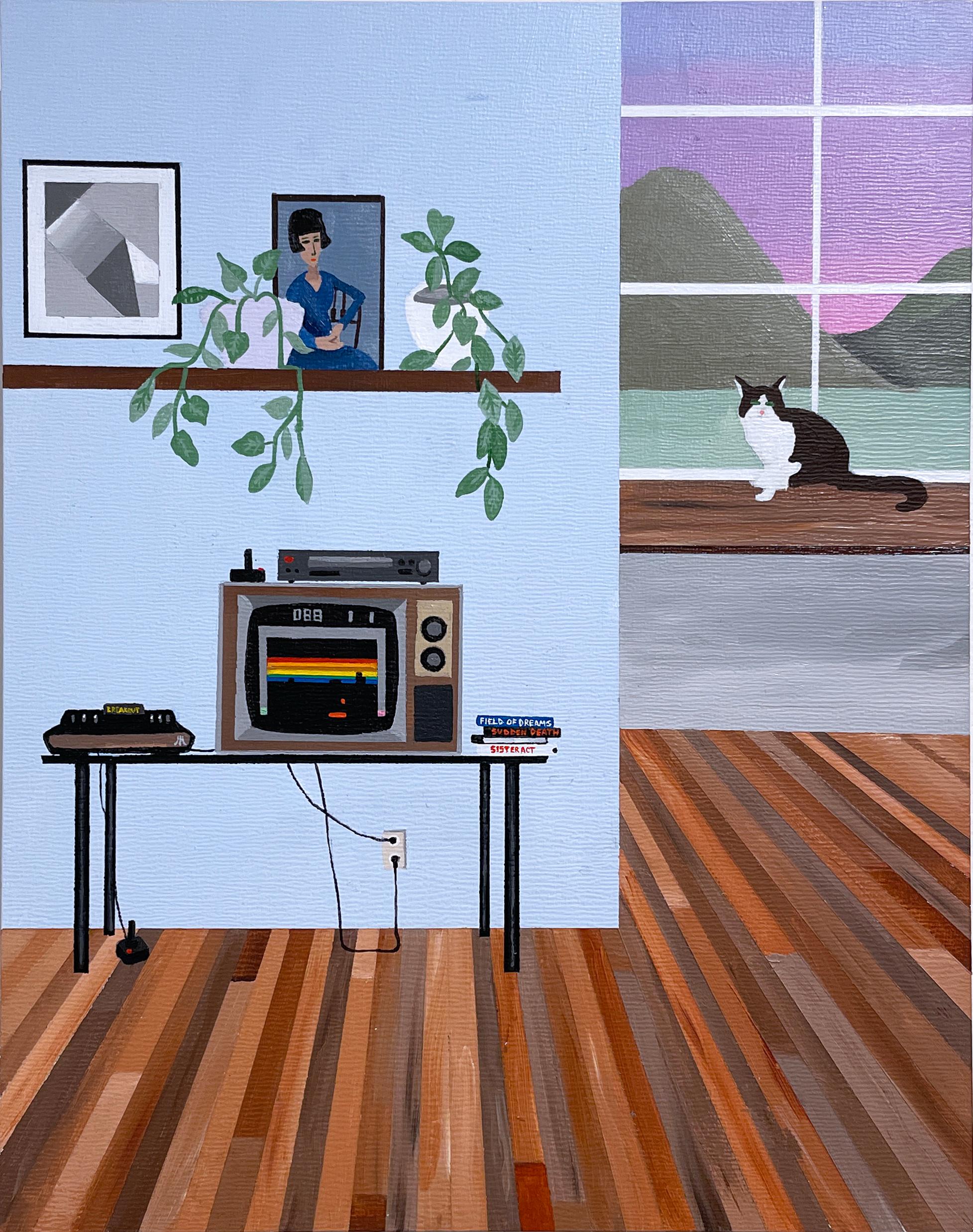"Field of Dreams" (2023) by Keith Garcia
Acrylic on wood panel
14 x 11 x 1.5" vertically oriented rectangle

Figurative painting depicting an interior space. A 1980s vintage television set sits on a table connected to an Atari gaming system with the