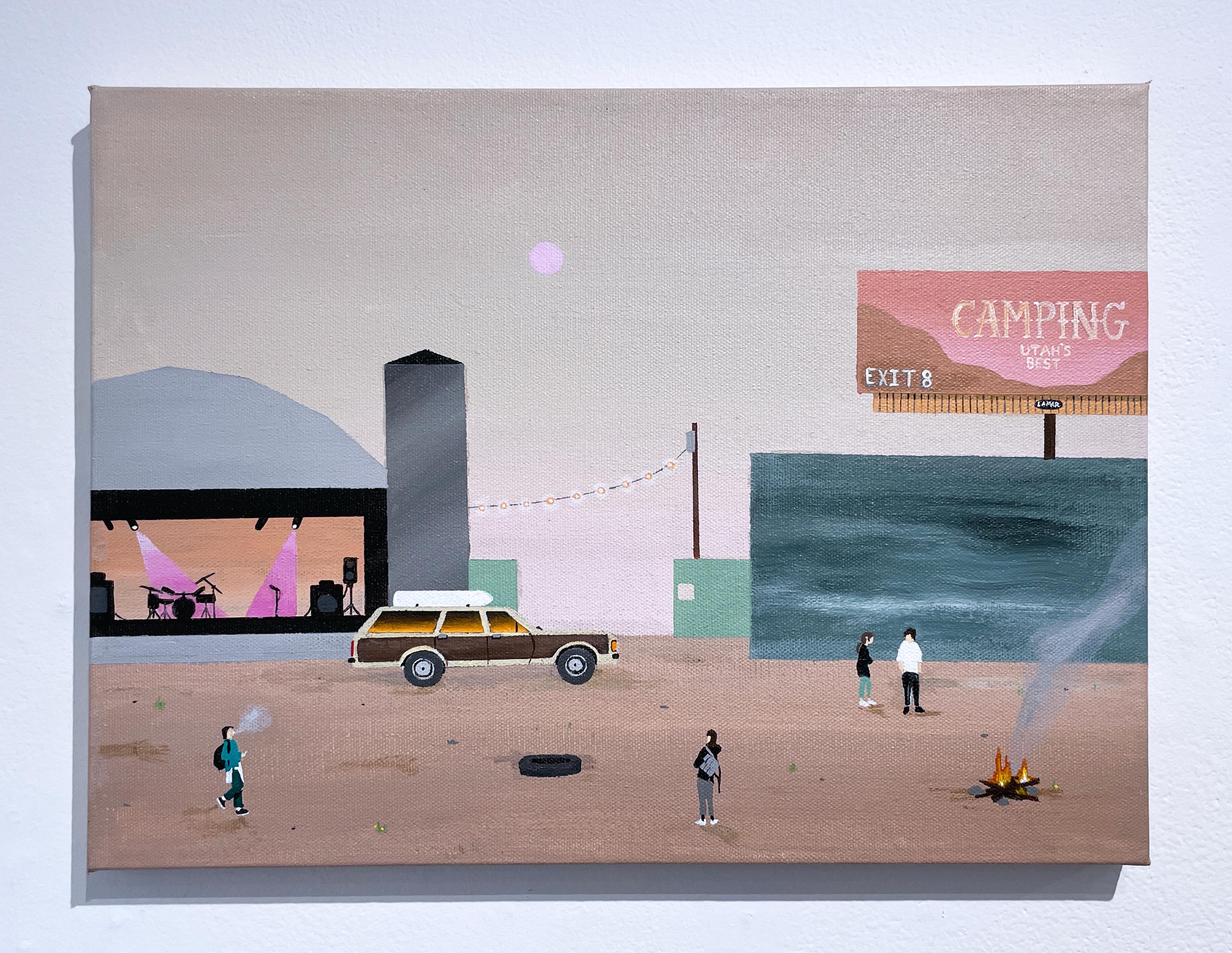 Liste des invités par Keith Garcia, peinture figurative de paysage de terrain de camping en vente 1