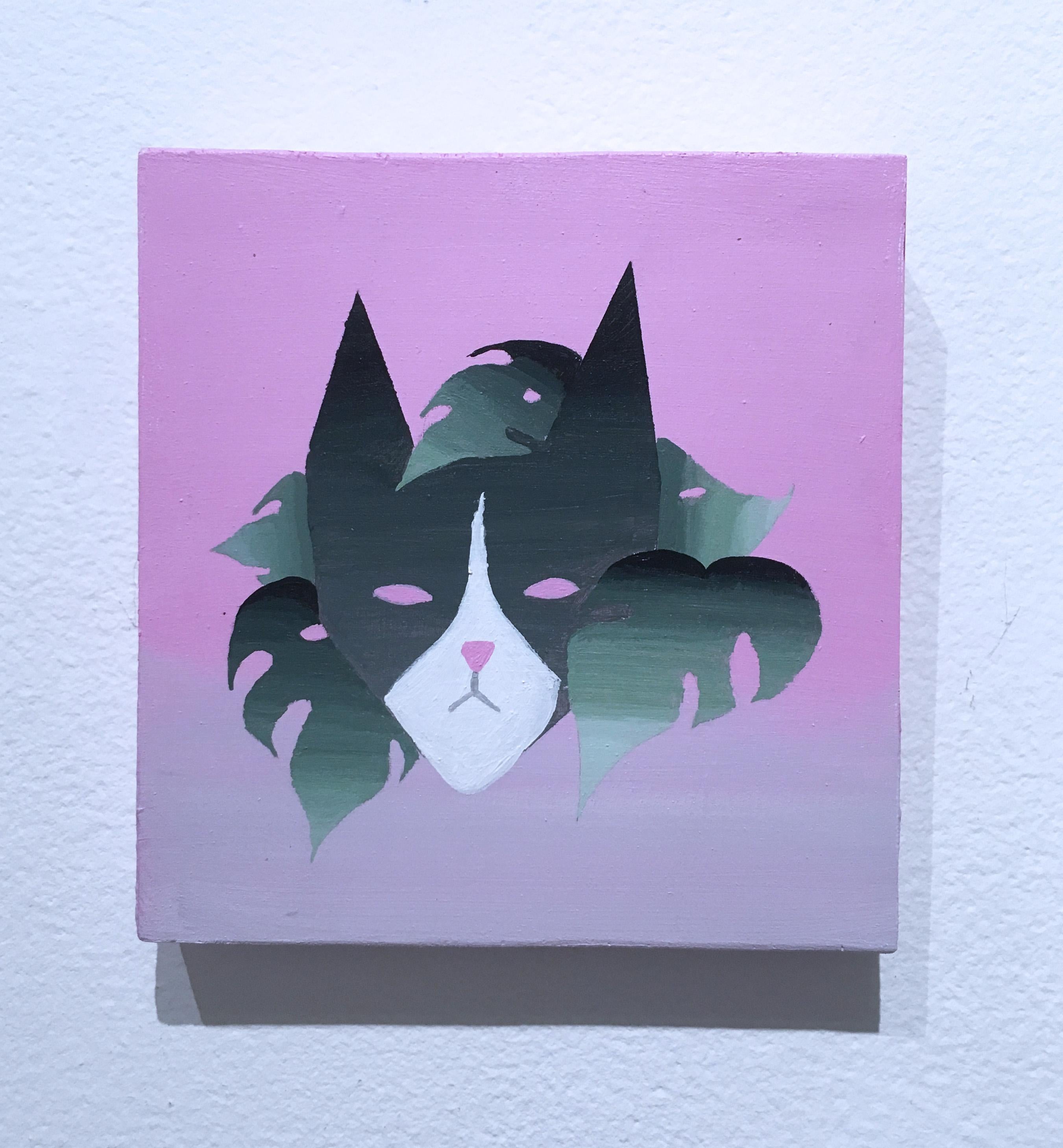 Is Cat Enough von Keith Garcia (2021) Kleines rosa Katzengemälde, Monstera-Pflanze im Angebot 1