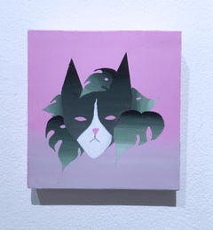 Is Cat Enough di Keith Garcia (2021) Piccolo dipinto di gatto rosa, pianta di monstera