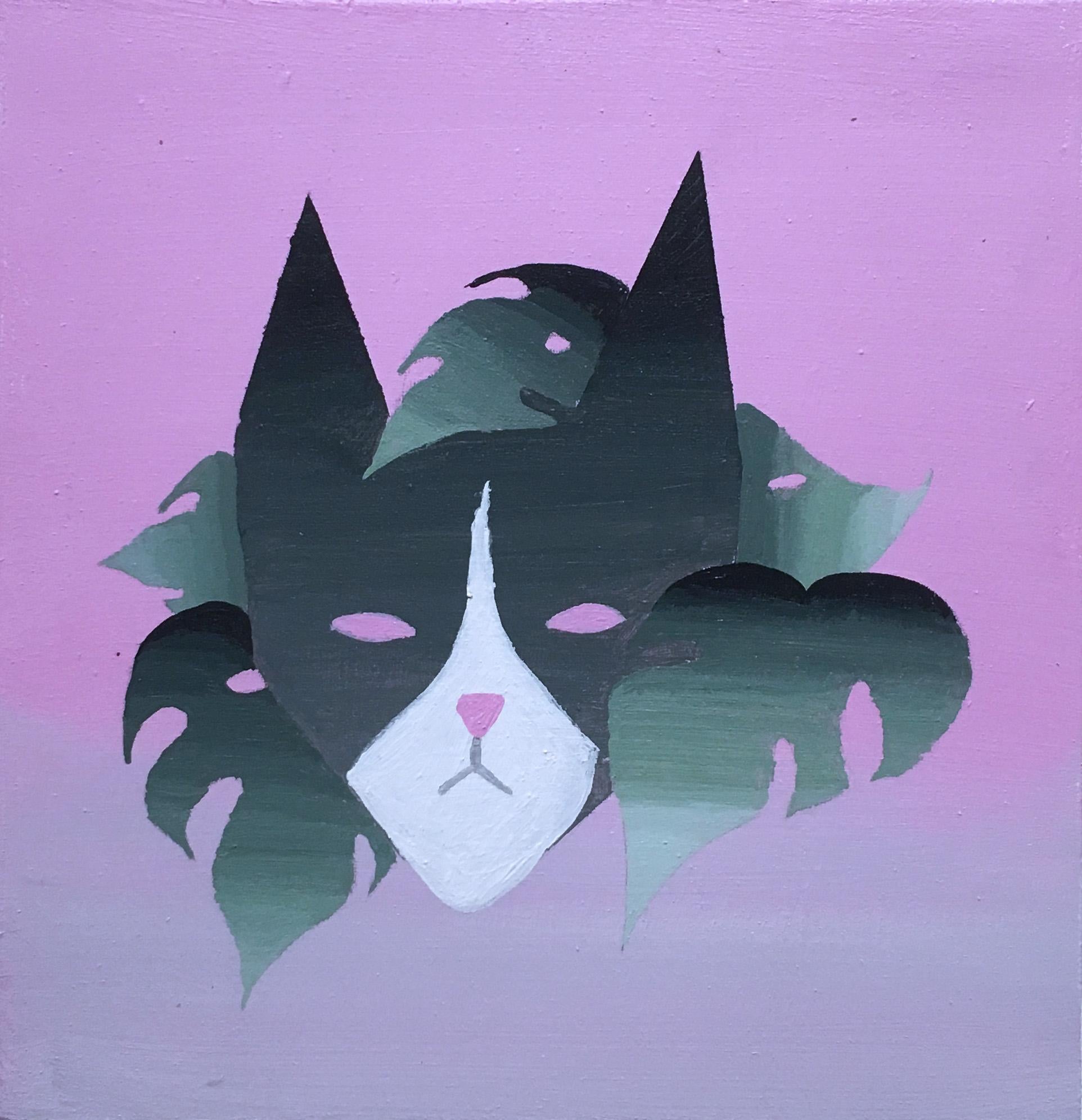 "Is Cat Enough" by Keith Garcia
2021
Acrylic on wood panel
Monstera plant with cat, figurative abstraction, geometric, small or miniature painting
Pastel palette: green, black, white, and pink, gray

Hand signed by artist
COA included
Framing