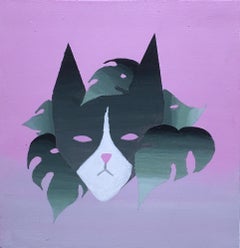 Is Cat Enough by Keith Garcia (2021) Small pink cat painting, monstera plant