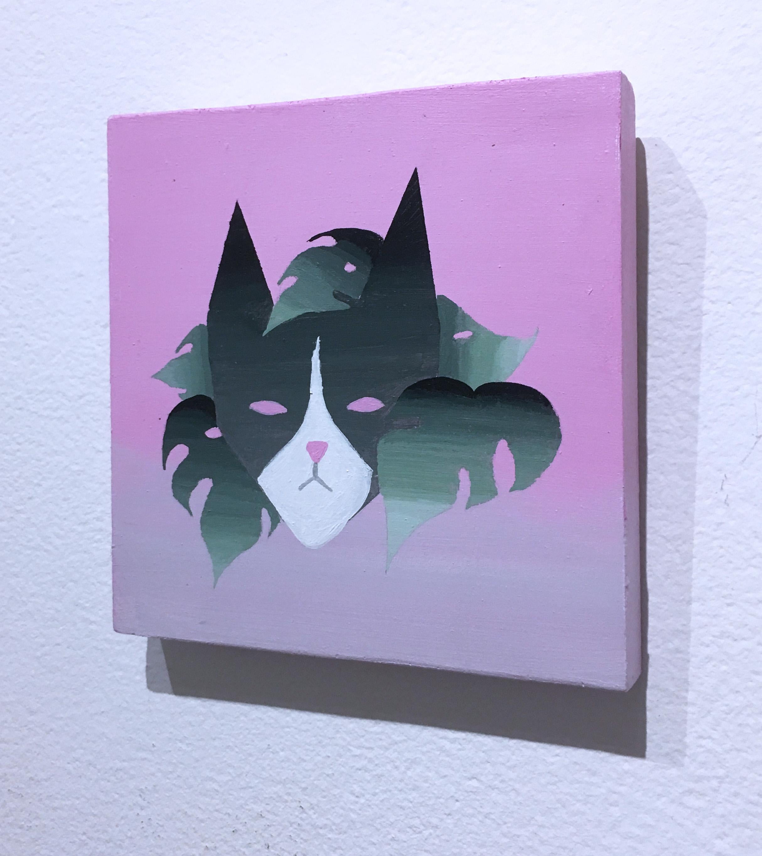 Is Cat Enough by Keith Garcia (2021) Small pink cat painting, monstera plant 2