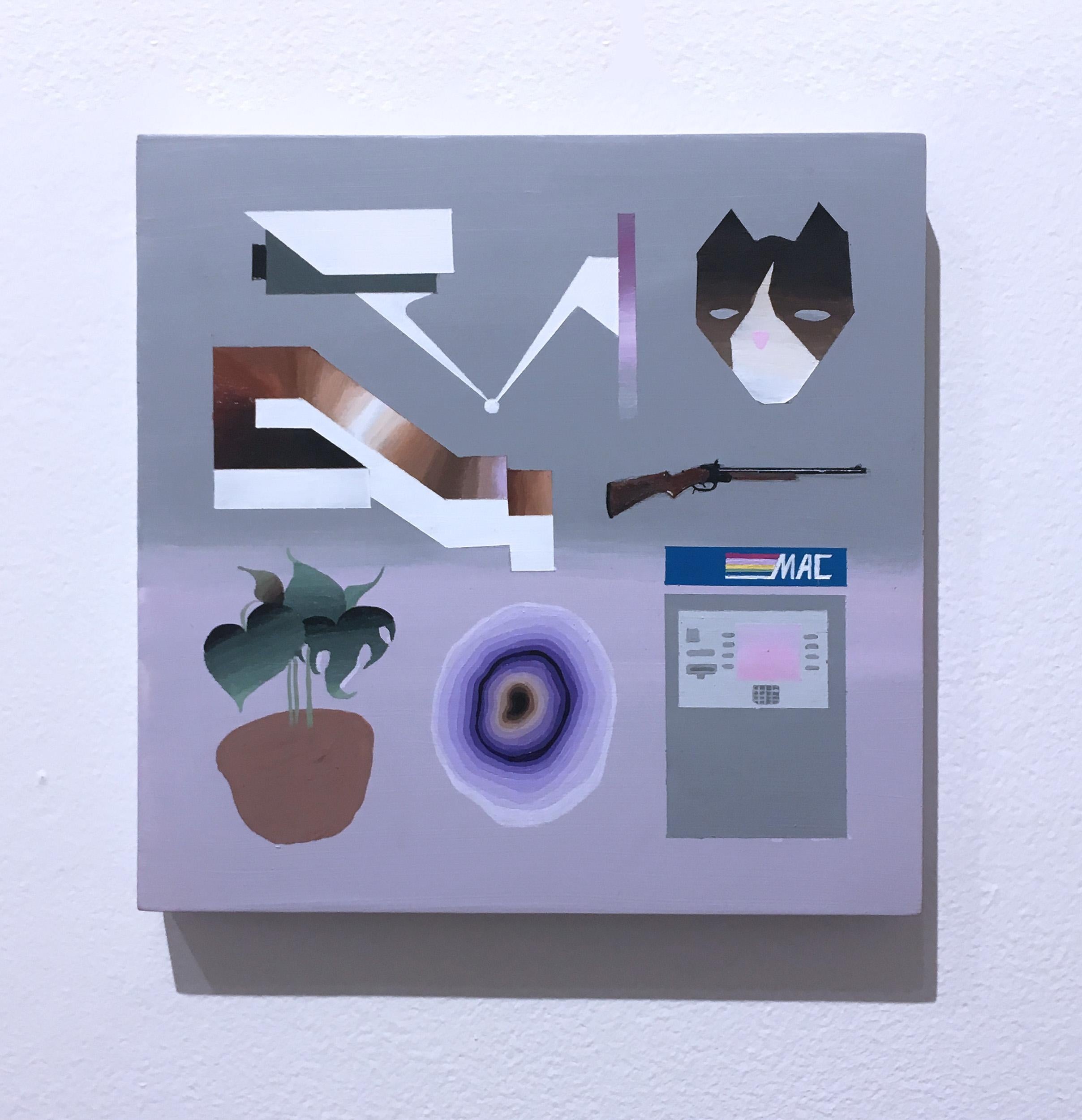 Paddle Forward (2021) de Keith Garcia, gris et lavande, chat, plante monstera, pop en vente 1