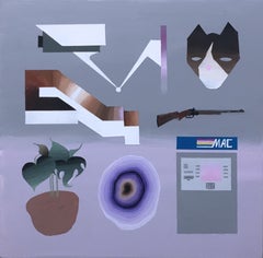 Paddle Forward (2021) von Keith Garcia, grau und lavendelfarben, Katze, Monstera-Pflanze, Pop