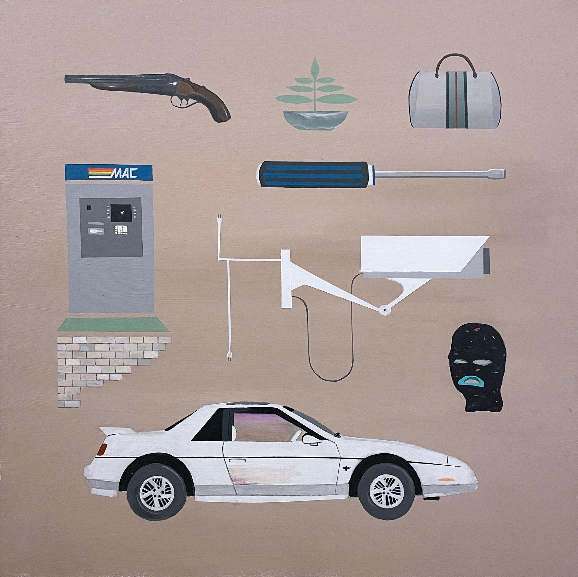 Spree on Fire di Keith Garcia, Pontiac Fiero, borsa di Gucci, bussola, toni della terra