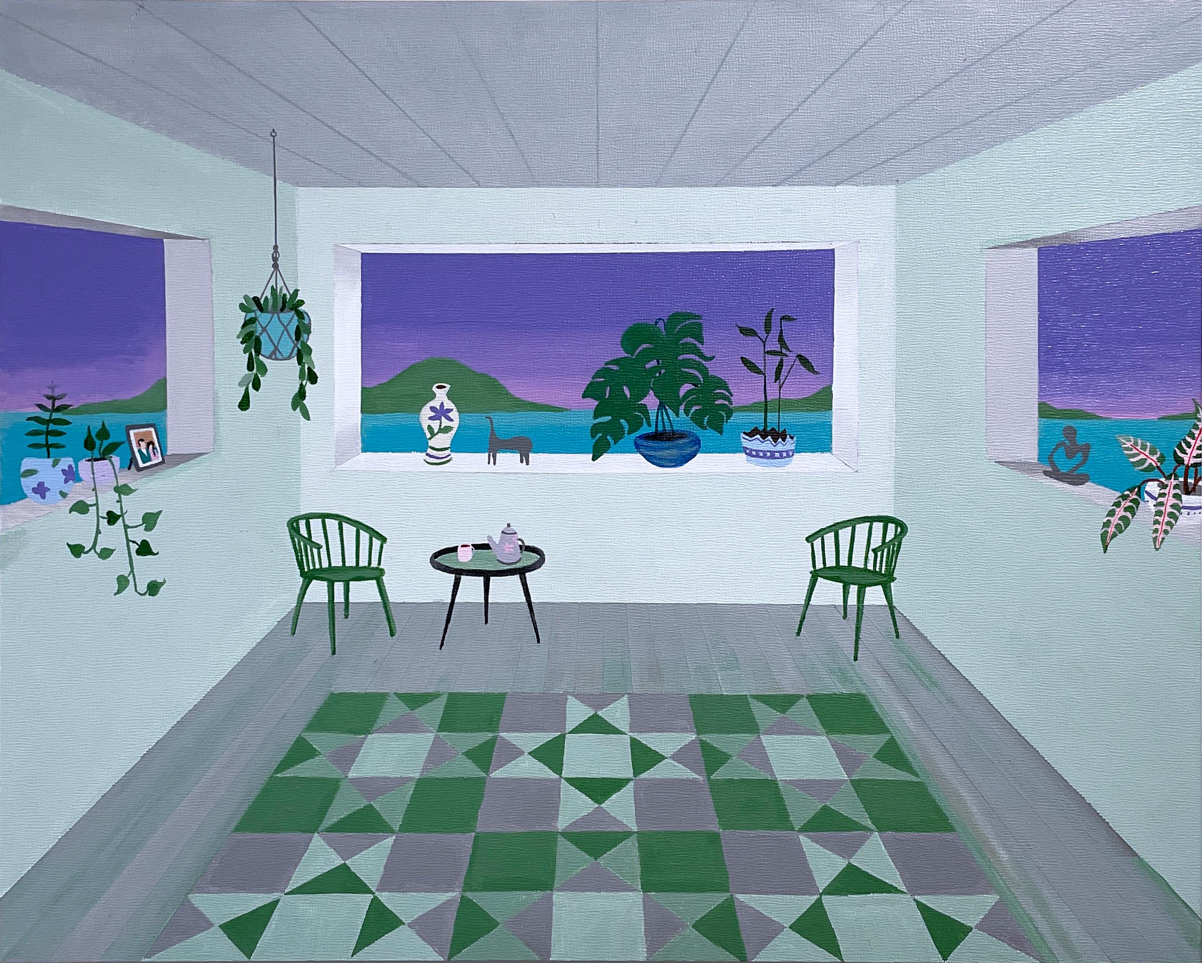 "Still Room" (2023) by Keith Garcia
Acrylic on wood panel
16 x 20 x 1.5" square

Figurative painting depicting an imagined room with windows on each wall that look out onto purple skies and green hills in the distance, overlooking a waterscape. The