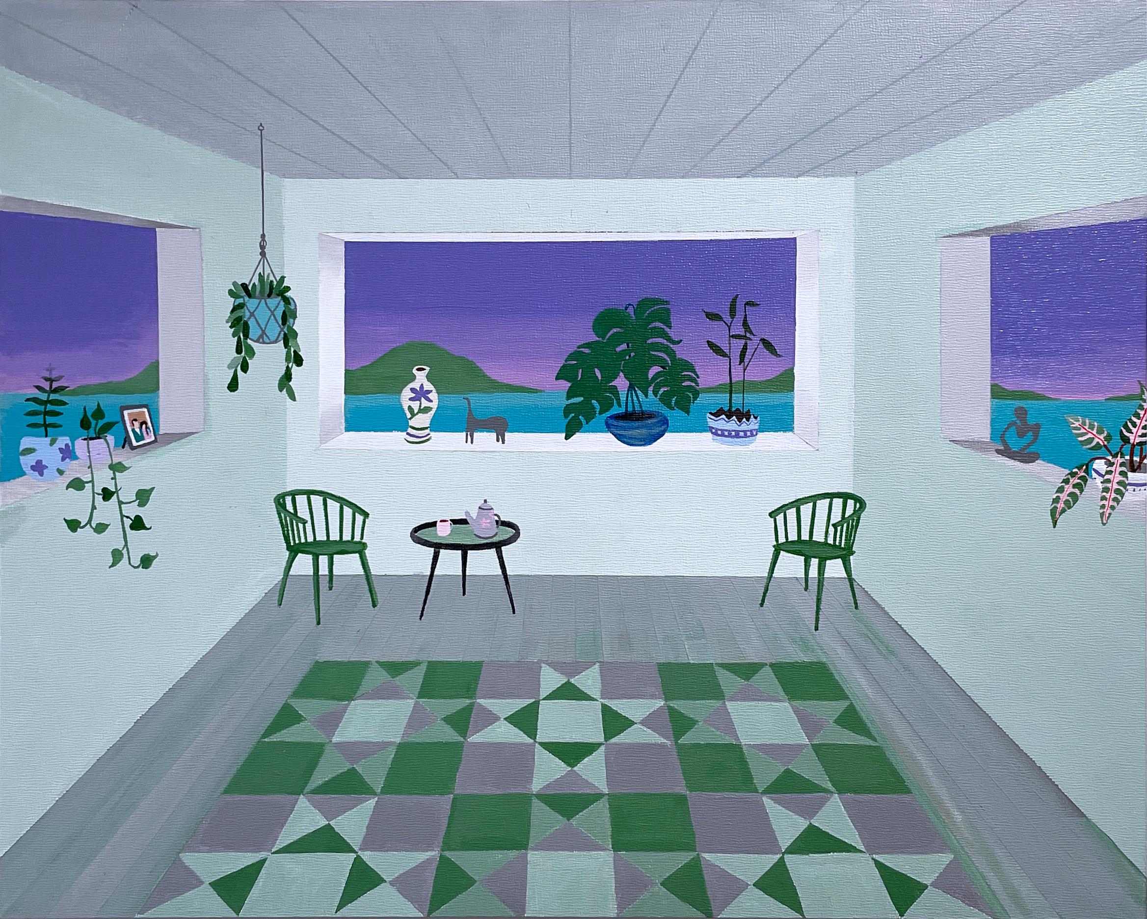 Bodegón (2023) de Keith Garcia, Pintura de interior con vista de paisaje
