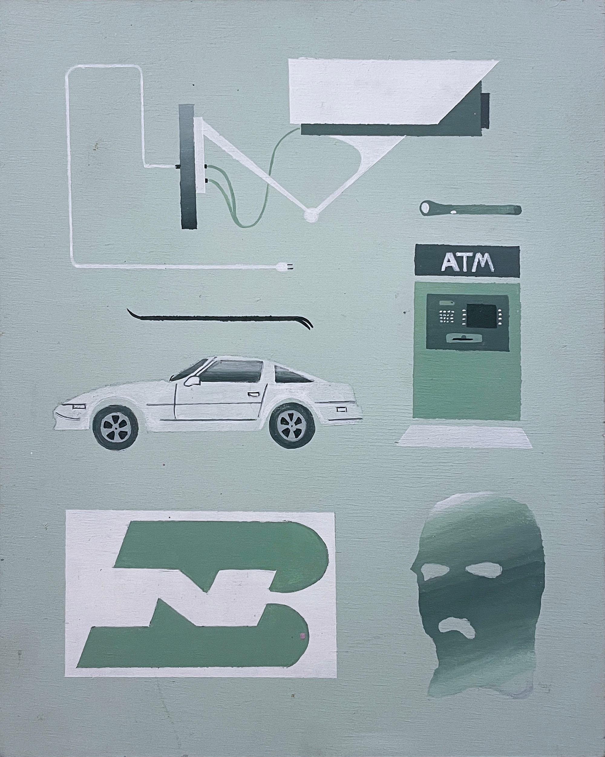 Keith Garcia Still-Life Painting - Vermont Part 1, 2018, Supra, car, crowbar, ski mask, narrative art, mint green