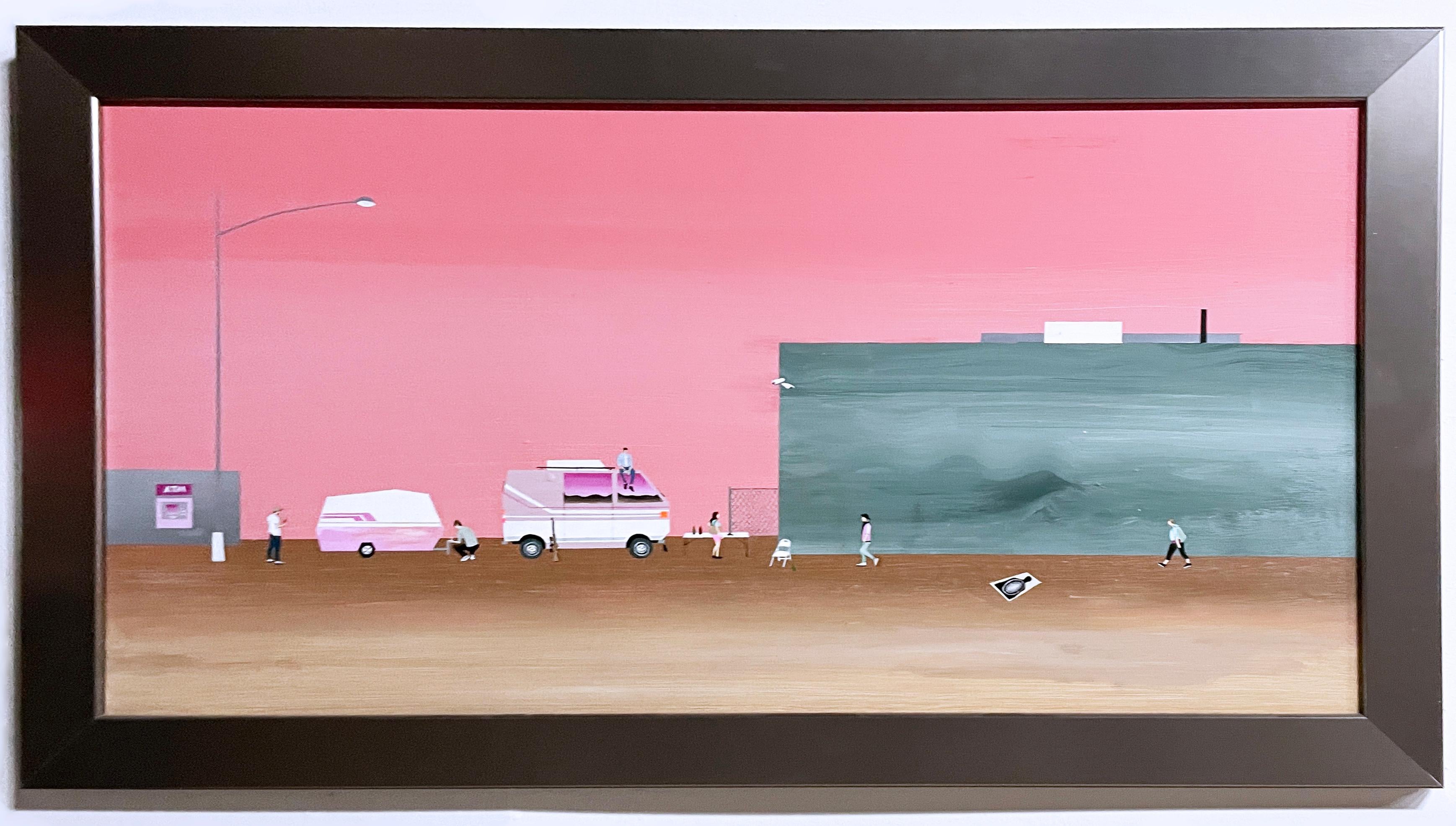 Waiting (2018) di Keith Garcia, paesaggio rosa, camper da viaggio, arte narrativa 1