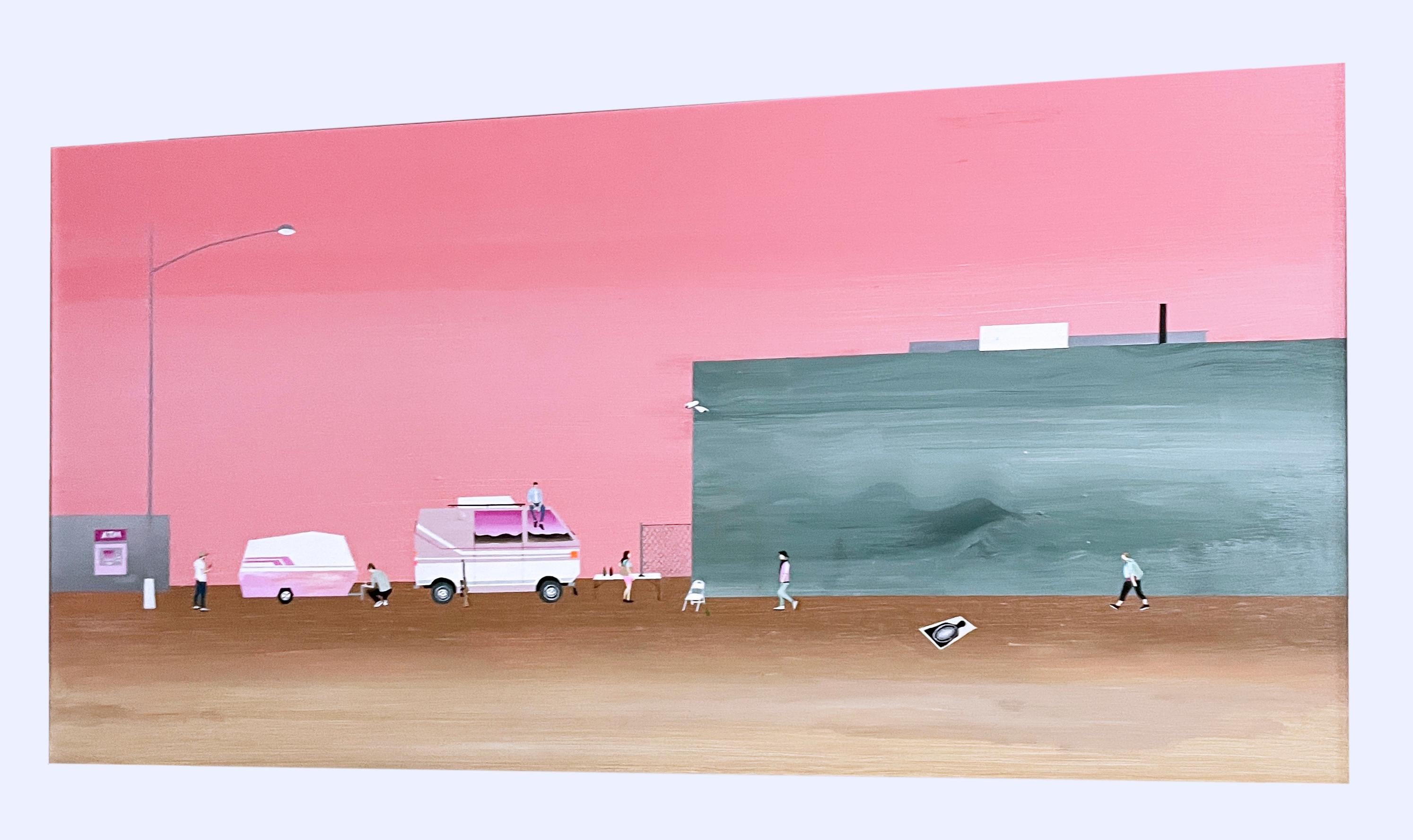 Waiting (2018) di Keith Garcia, paesaggio rosa, camper da viaggio, arte narrativa 2