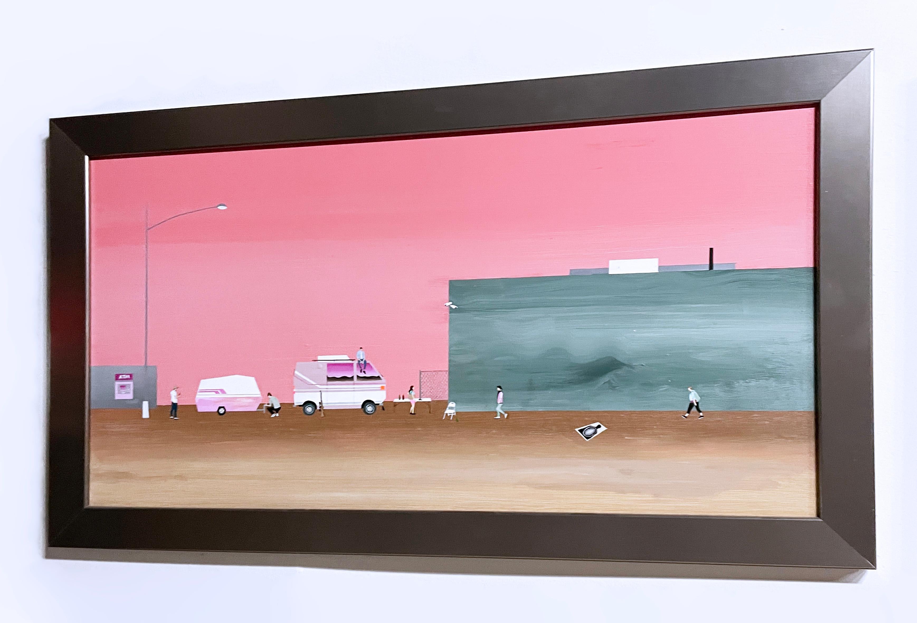 Waiting (2018) di Keith Garcia, paesaggio rosa, camper da viaggio, arte narrativa 3