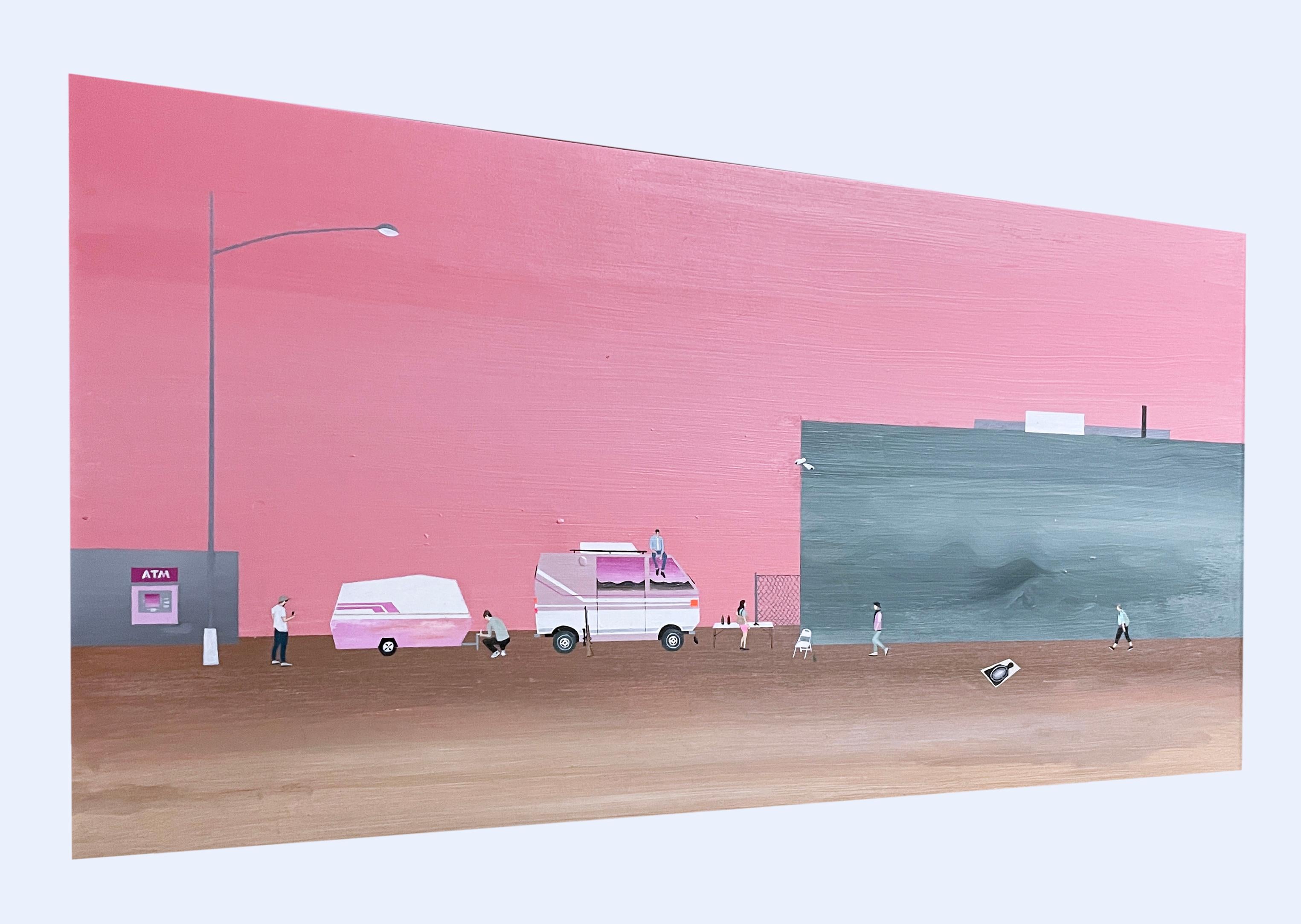 Waiting (2018) di Keith Garcia, paesaggio rosa, camper da viaggio, arte narrativa 4
