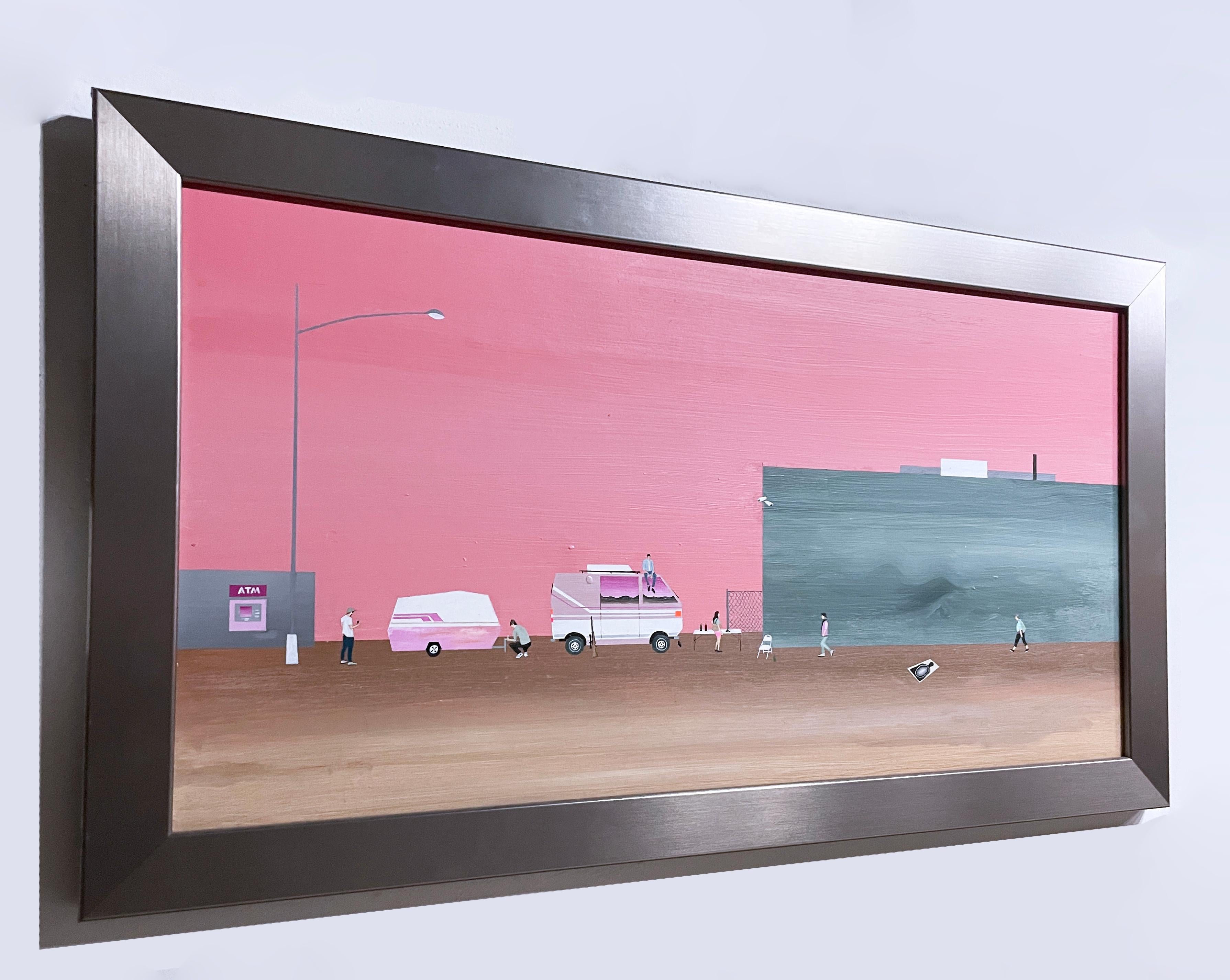 Waiting (2018) di Keith Garcia, paesaggio rosa, camper da viaggio, arte narrativa 5