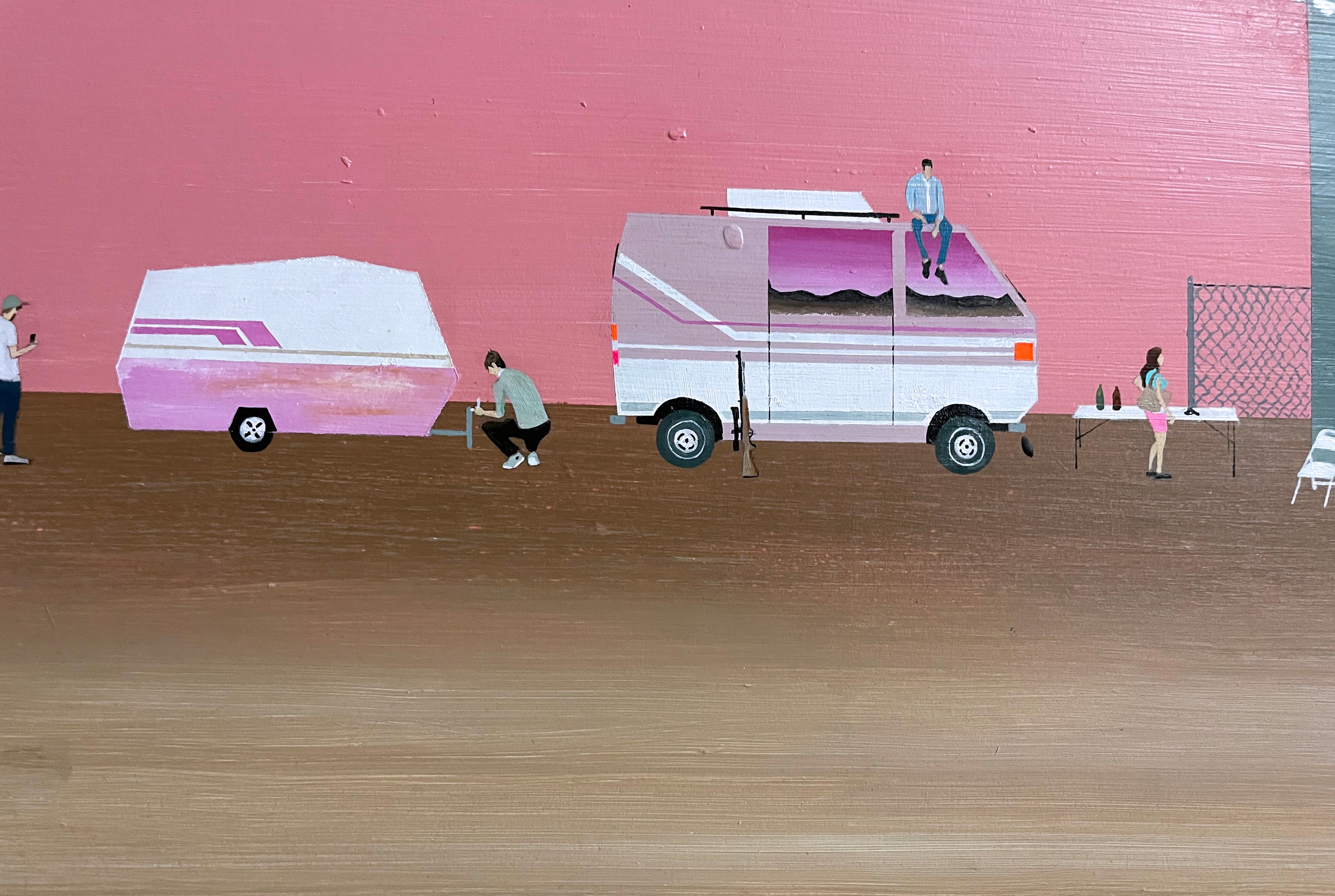 Waiting (2018) di Keith Garcia, paesaggio rosa, camper da viaggio, arte narrativa 6