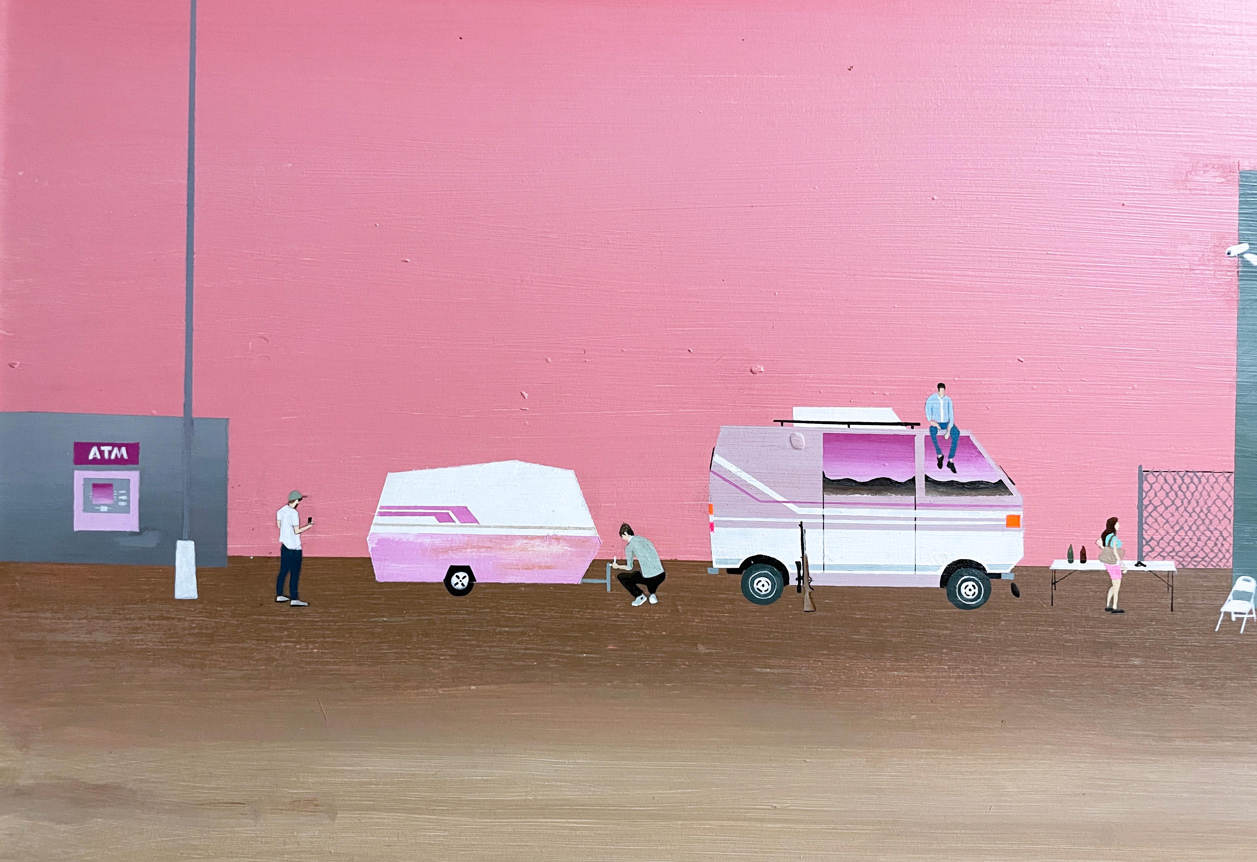 Waiting (2018) di Keith Garcia, paesaggio rosa, camper da viaggio, arte narrativa 8