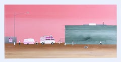 Waiting (2018) di Keith Garcia, paesaggio rosa, camper da viaggio, arte narrativa