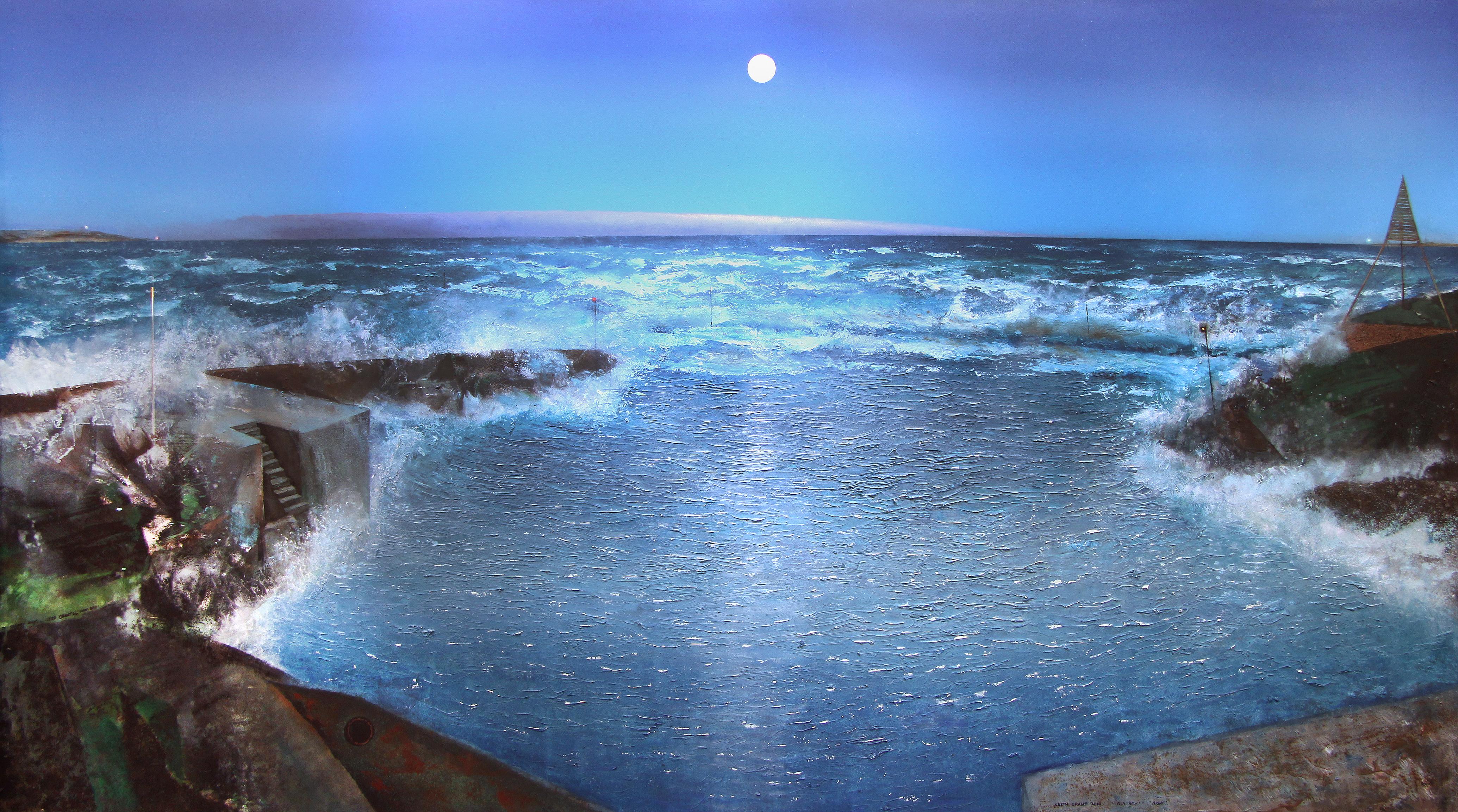 The Sea and the Staircase, Moon Bay, Night - Contemporary, Oil by Keith Grant 