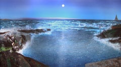 The Sea and the Staircase, Moon Bay, Night - Contemporary, Oil by Keith Grant 