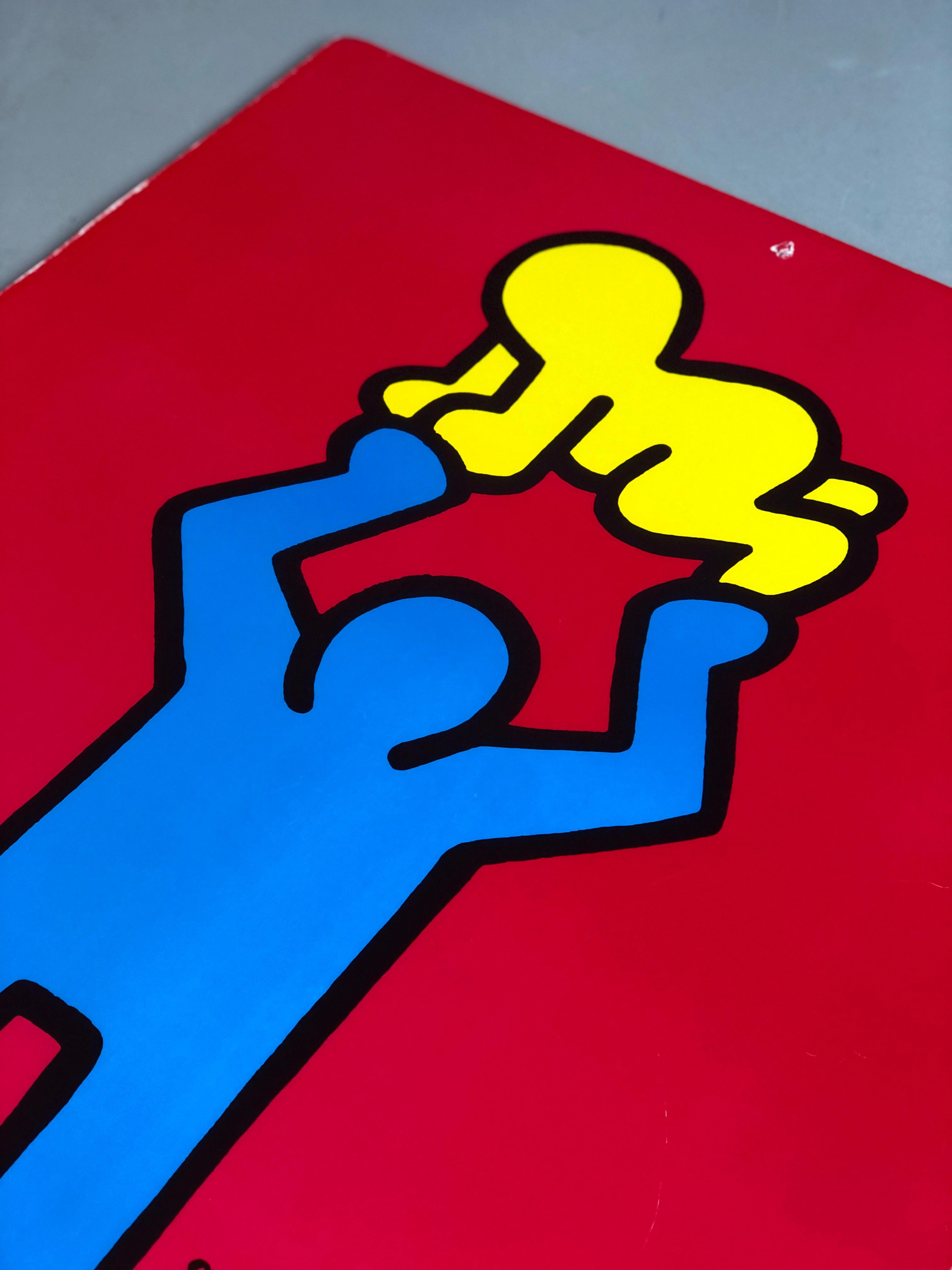 Late 20th Century Keith Haring 1991 - Man Holding Radiant Baby - Pop Art print on thick cardboard For Sale