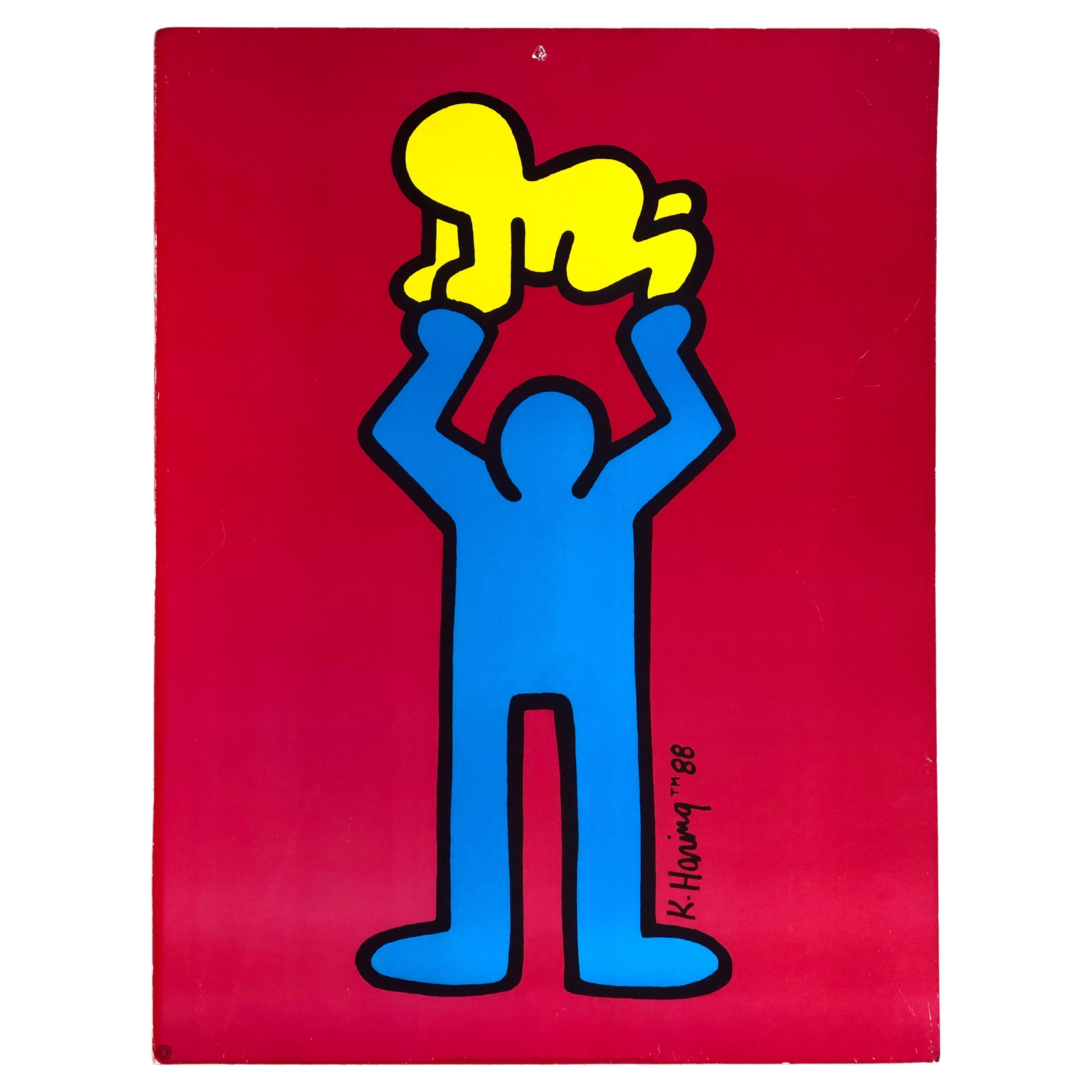 Keith Haring 1991 - Homme tenant un bébé radieux - Impression Pop Art sur carton épais