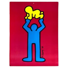 Keith Haring 1991 - Mann hält strahlendes Baby - Pop-Art-Druck auf dickem Karton