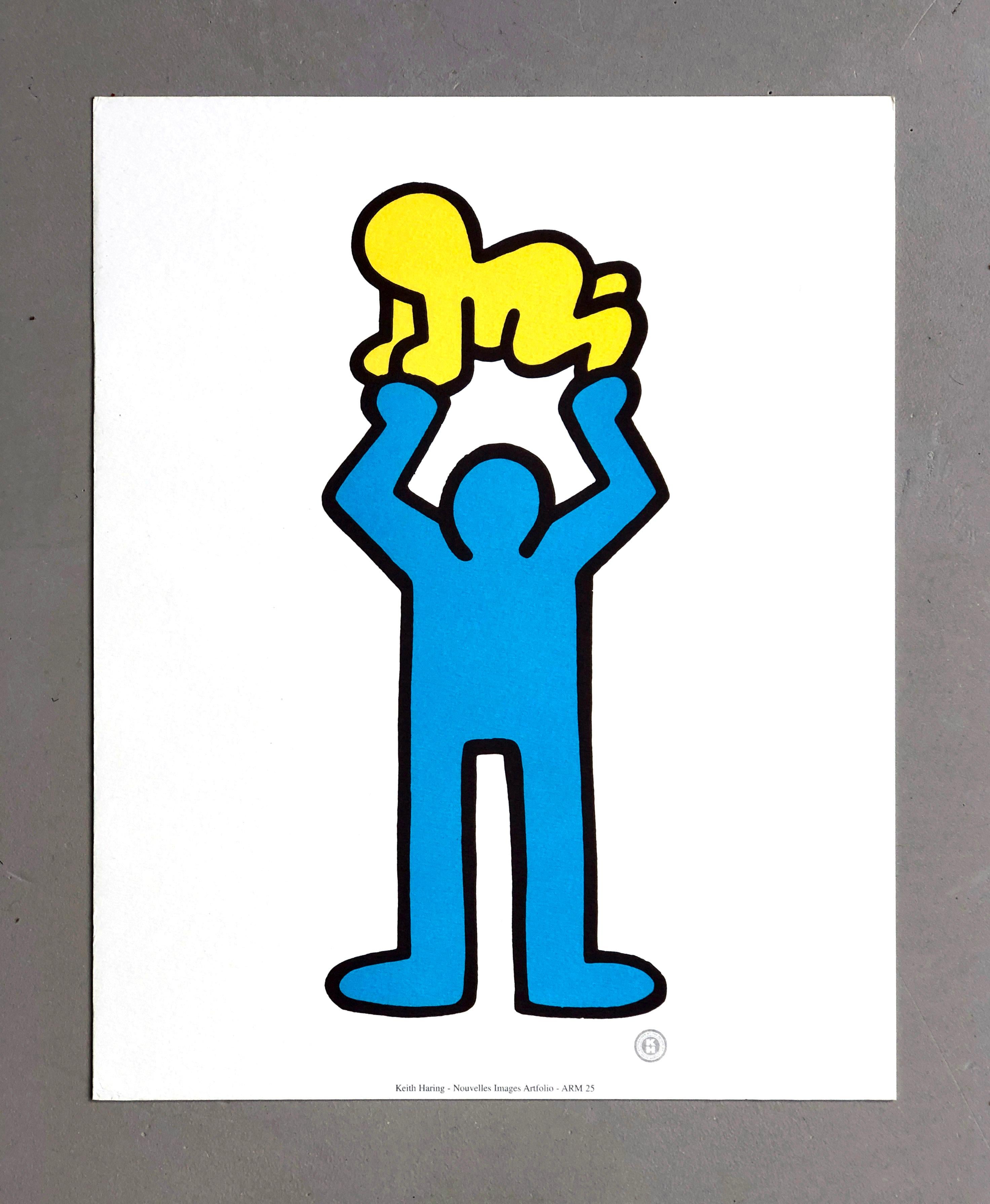 Keith Haring 1992 Pop Art - Kunst-Offsetdruck auf dickem Kunstdruckpapier, Mann hält strahlendes Baby

Keith Haring (New York, 1958-1990), französischer Pop-Art-Künstler aus dem Jahr 1992 - Offsetdruck ohne Titel, der eine blaue Figur zeigt, die auf