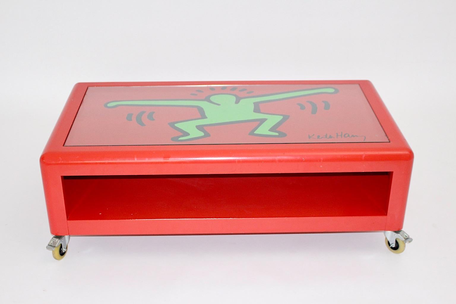Late 20th Century Keith Haring 'After' Low Pop Art Sofa Table Red Metal Bretz 1998 Germany For Sale