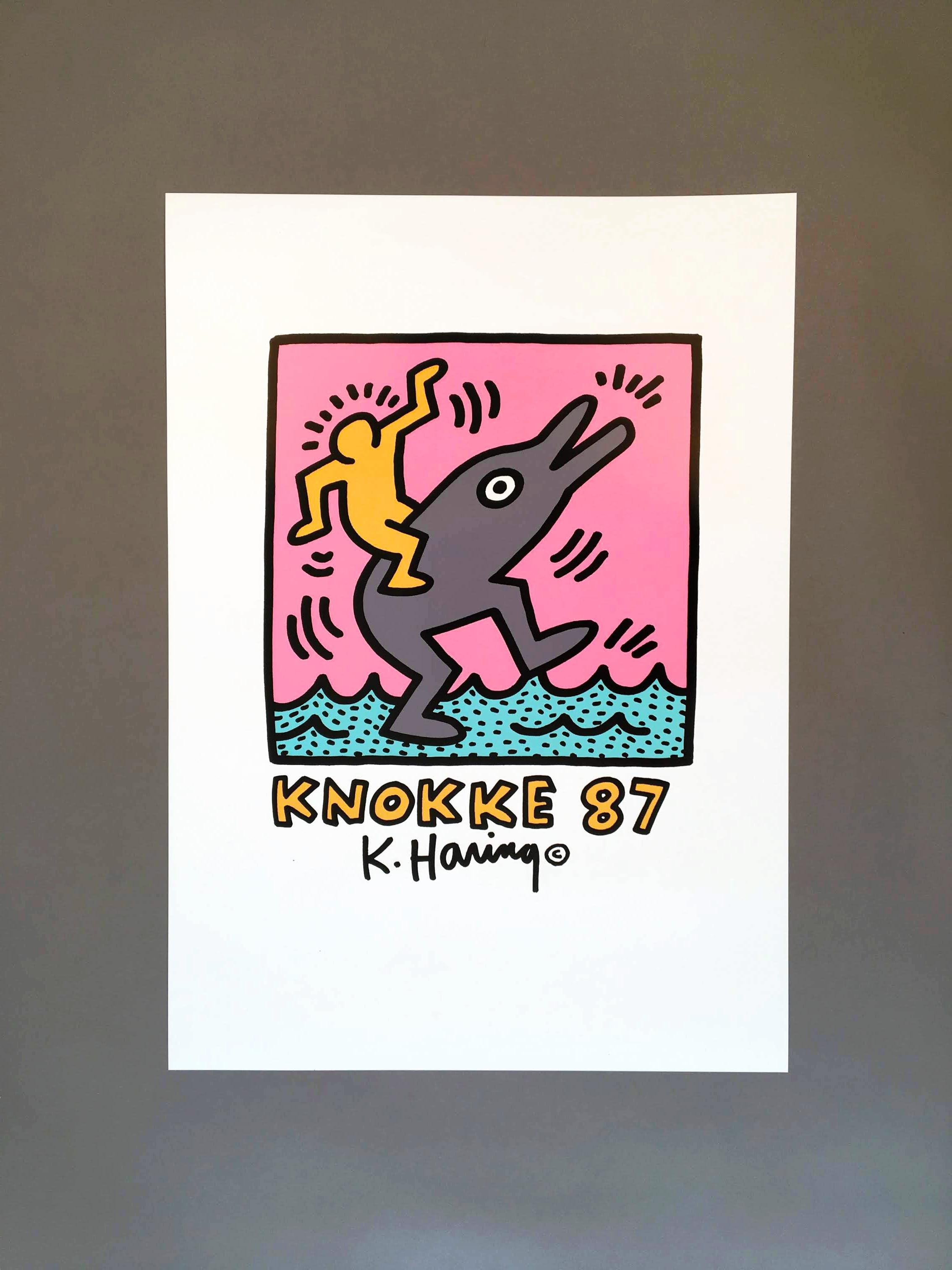 Keith Haring (United States, 1958-1990)
'Casino Knokke', 1987.
 
Lively print created to promote a Haring exhibition in 1987 at the beautiful and prestigious seaside Casino Knokke, Belgium.
 
Offset-lithograph
510 x 700 mm (20 x 27.5 in)
Signed in