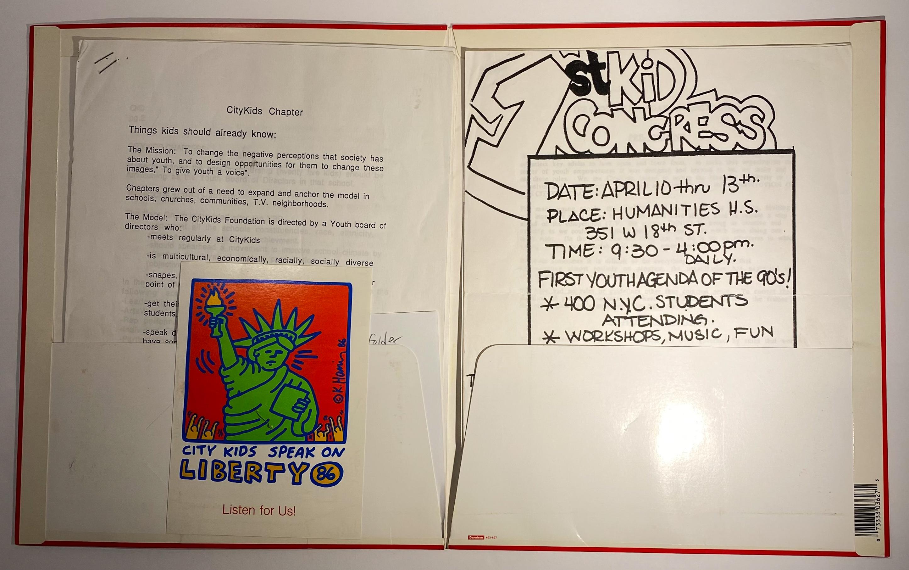 Collection of printed materials pertaining to CityKids, featuring design and artwork by founding member Keith Haring, mostly concerning the 1990 CityKids program along with a memorial tribute to Haring, who passed away in January of that year.