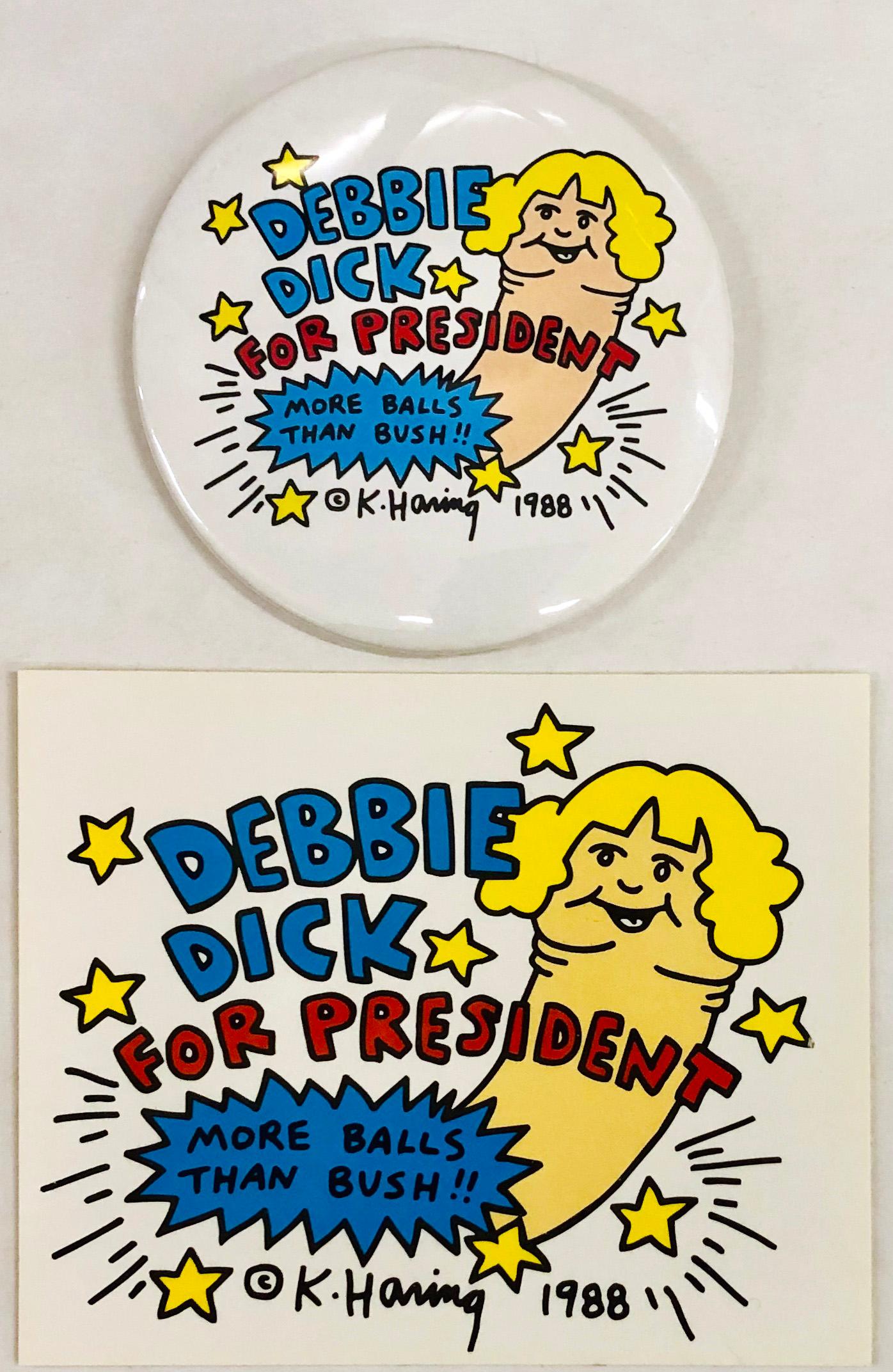 Keith Haring 'Debbie Dick' 
A set of 2 vintage 1988 Keith Haring Safe Sex promotional items:

Offset printed sticker and pin featuring a classic Keith Haring imagery.
Sticker; approx 2 x 3 inches. Pin: approx 2 x 2 in. 
Both items unused and in