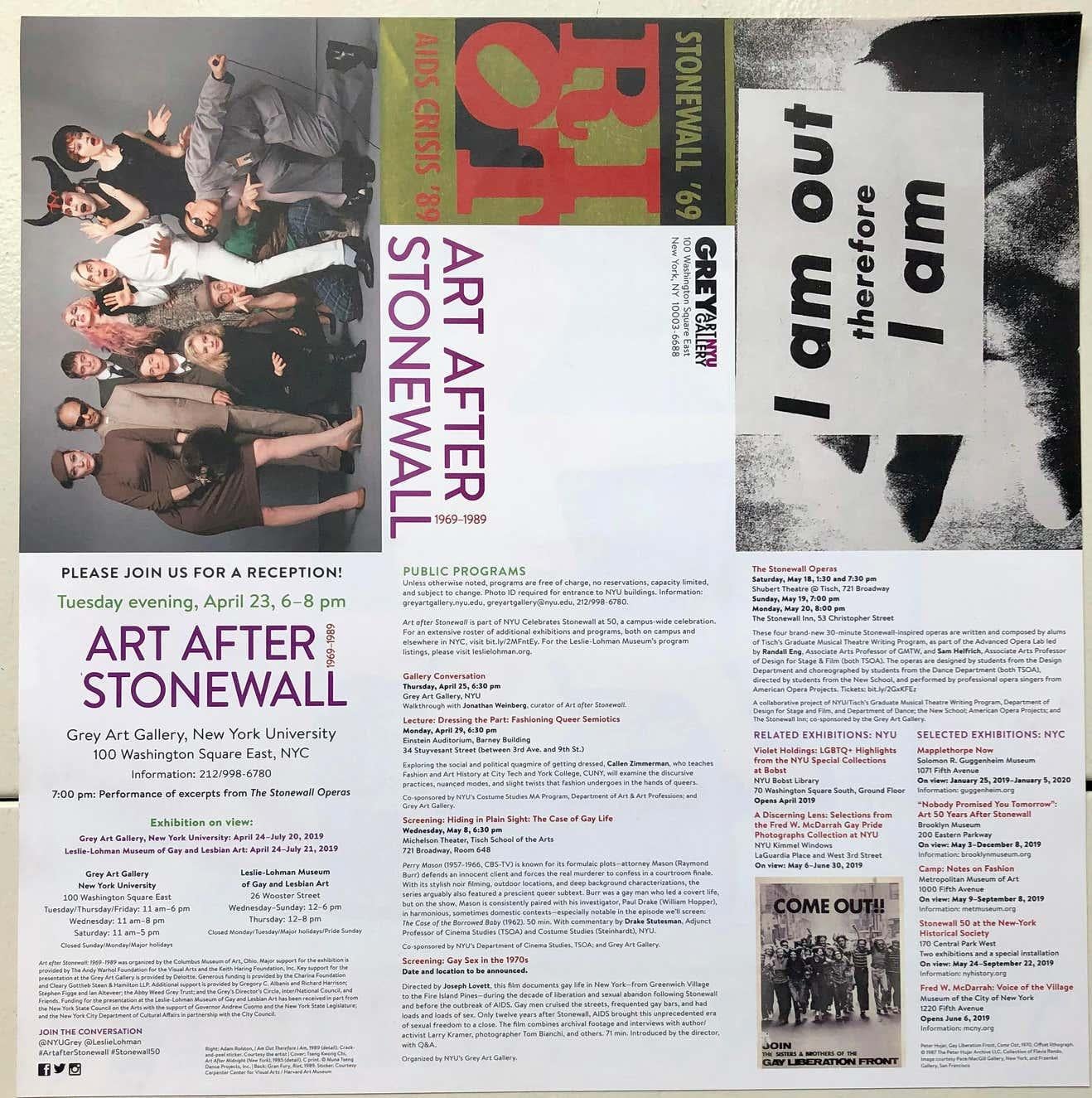 Keith Haring Art after Stonewall exhibition poster: printed in conjunction with the 2019 exhibition of the same name at New York University's Grey Art Gallery. Poster is derived from Haring's famous 1980s illustration for National Coming Out Day.