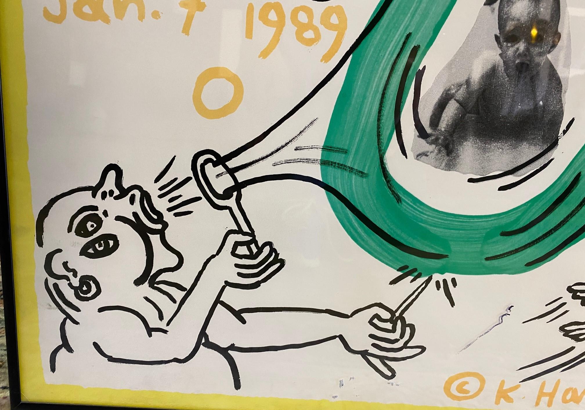 Paper Keith Haring Hand Signed Tony Shafrazi Exhibit Poster with Original Drawing 1989
