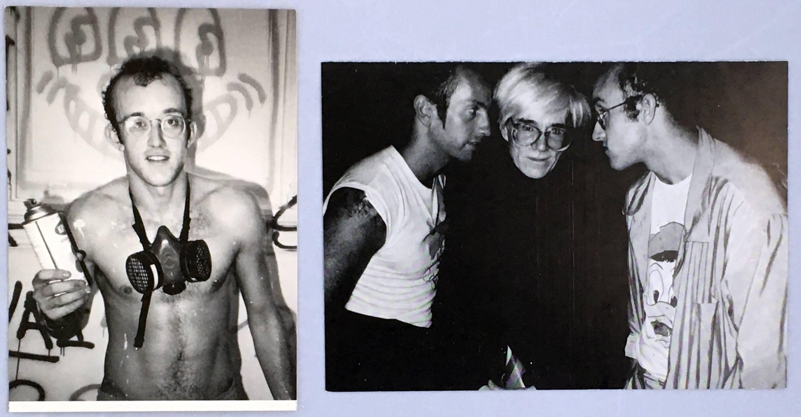 Keith Haring, Andy Warhol & Kenny Scharf:
Rare vintage announcement card for the 1987 exhibit: Patrick McMullen at The Palladium, New York City, 1987. Photo uniquely features Keith Haring, Kenny Scharf, and Andy Warhol together partying at one of