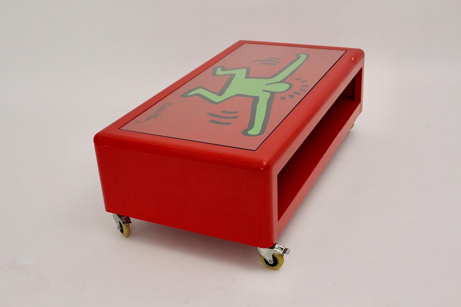 Modern Keith Haring Low Pop Art Sofa Table Red Green Metal Bretz 1998 Germany For Sale