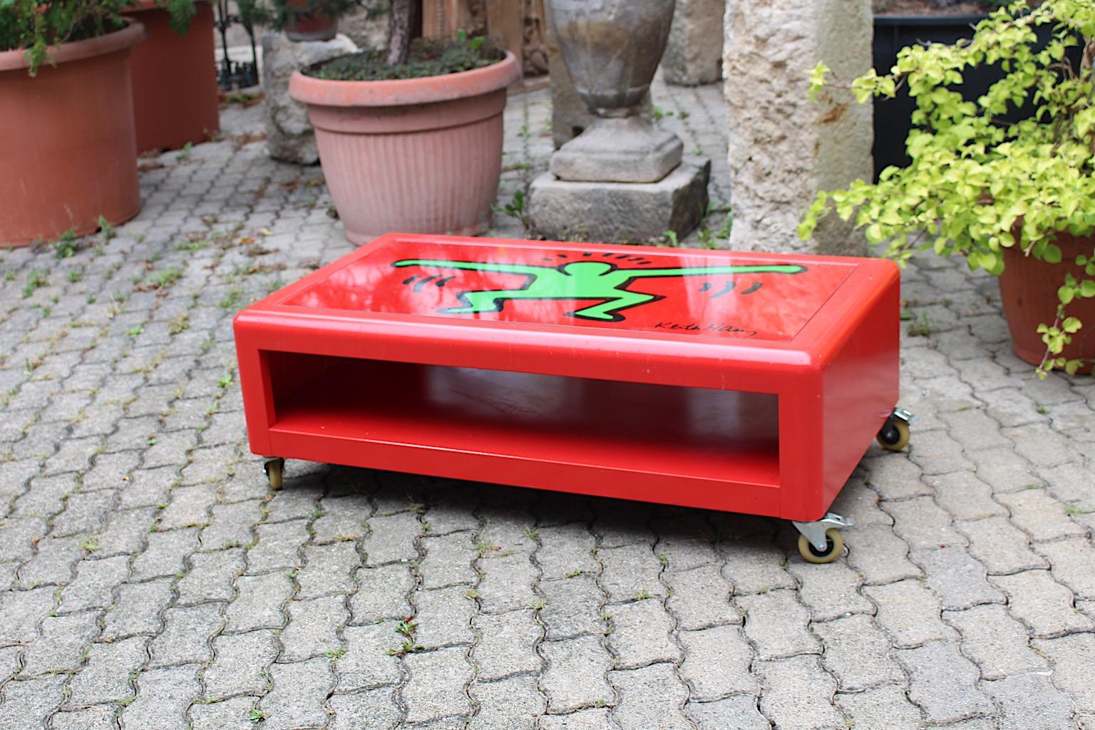 Keith Haring Low Pop Art Sofa Table Red Green Metal Bretz 1998 Germany For Sale 1