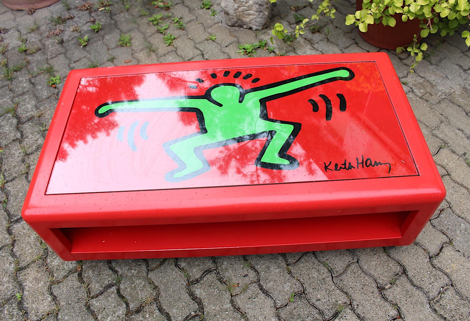 Keith Haring Low Pop Art Sofa Table Red Green Metal Bretz 1998 Germany For Sale 3